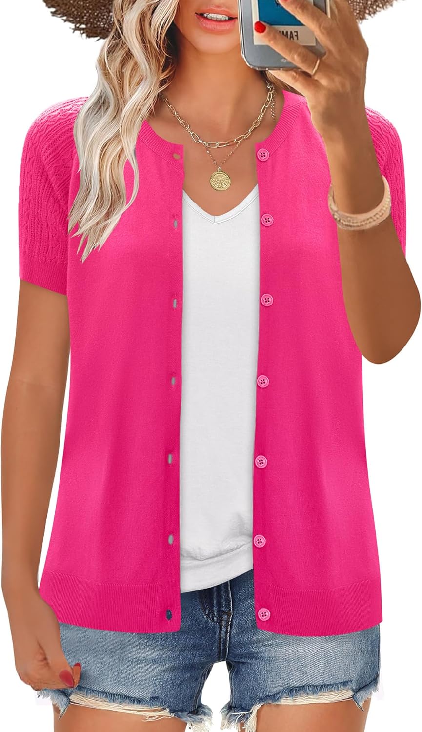 FreshNight Women's 2025 Short Sleeve Cardigan Button Up Hollowed Out Crewneck Shrug Sweaters Knit Sweater Tops Lightweight