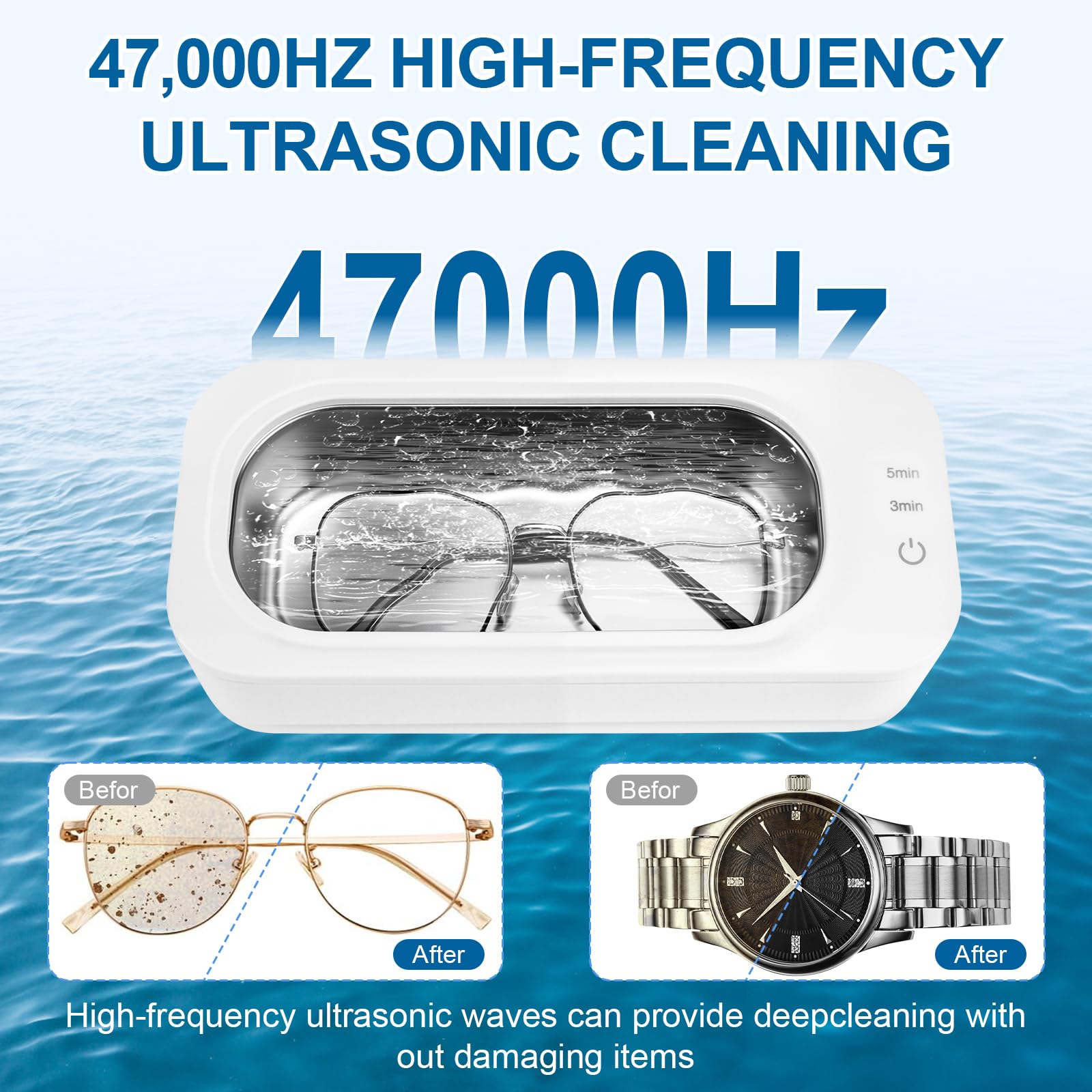 UCAMP Limpiador Ultrasonidos,47 kHz Ultrasonidos Limpieza,350ML,360° Limpieza Profunda,Limpiador Ultrasónico Adecuado para Limpieza de Gafas,Joyería,Limpieza de Relojes