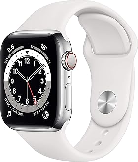 New Apple Watch Series 6 (GPS + Cellular, 40mm) - Silver Stainless Steel Case with White Sport Band