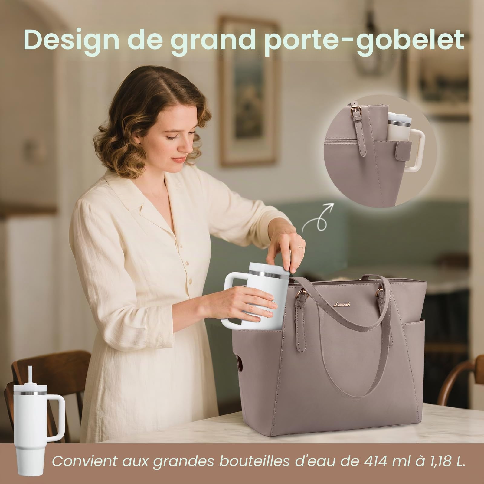 LOVEVOOK Sac à Main Femme Grand Format, Pochette Travail en Cuir PU, Ordinateur Portable, Grande Poche Bouteille Extérieure, Professeur, Business, Cabas Élégant pour Université, Bureau, Voyage