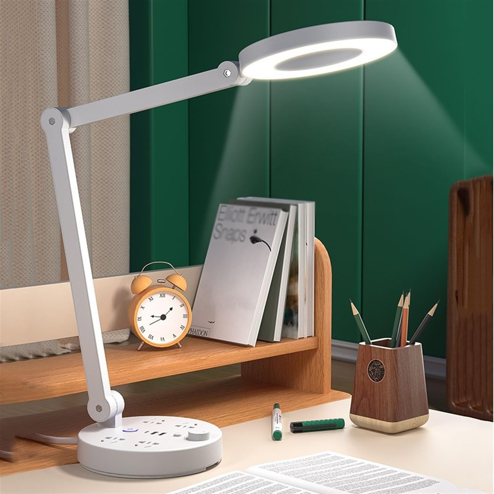 Lampa stołowa Lampka do czytania Lampa biurkowa LED, lampa stołowa z regulowanym wysięgnikiem, lampa biurowa z funkcją przyciemniania do ochrony oczu, z 2 portami ładowania USB, 4 gniazdami zasilania