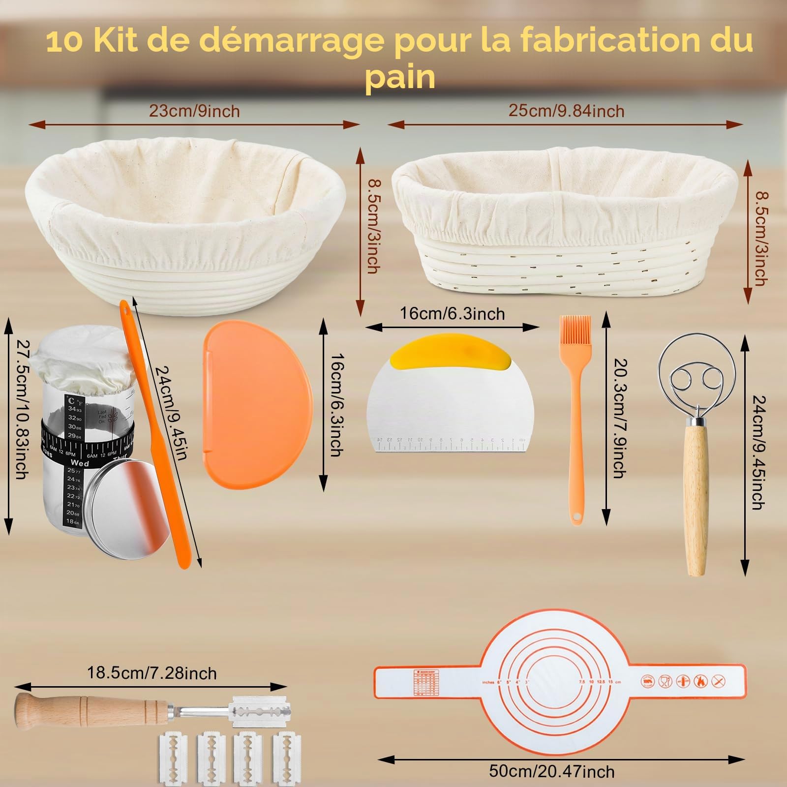 Complete Starter Kit for Yeast, 2 Pcs Yeast Bread Basket With Liner, Silicone Bread Scarf, Lifting Agent Jar,Silicone Brush,Scraper Set For Dough (A)