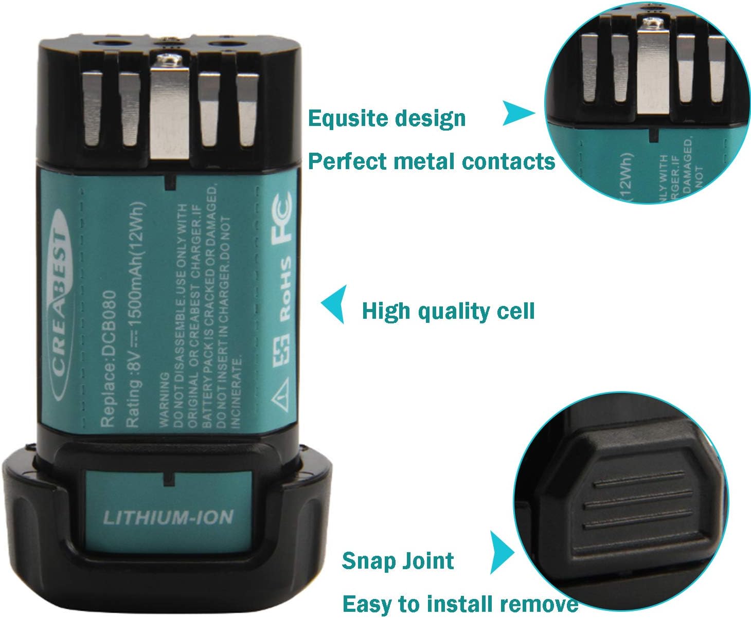 CREABEST 2Pack 1500mAh 8V DCB080 Replacement for Dewalt 8V Battery DCB080 DW4390 DCF680N1 DCF680N2 DCF680G2 Li-ion Battery Compatible with Dewalt 8volt Cordless Power Drill Tools