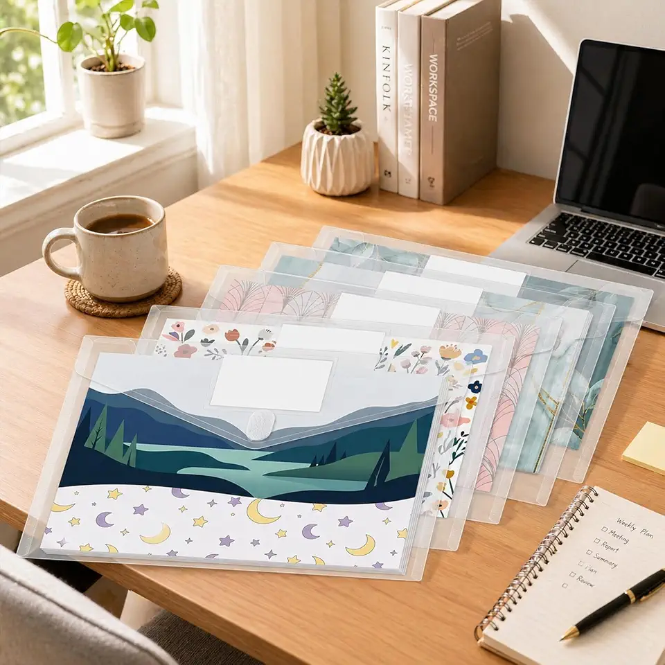 Clear File Folders 5PCS Set, Clear Folder for Document A4 Size Poly Envelopes with Label Pockets for Work Office Organizer
