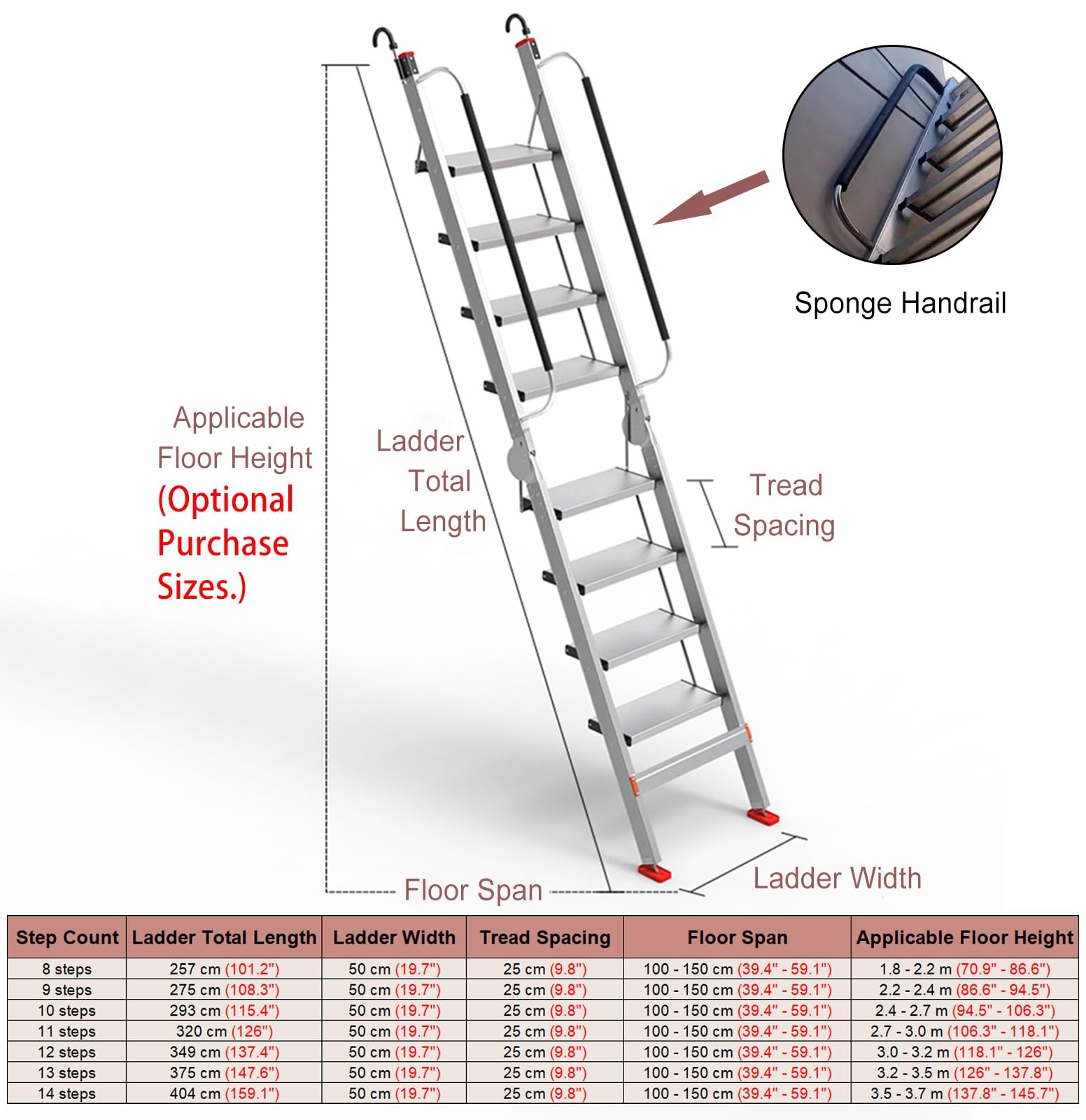 Escalera Escamoteable Escalera Plegable para Altillo de Techo de Alta Resistencia, Escaleras de Aluminio para Ático con Ganchos, Escaleras Plegables para Literas(10 Steps 2.4-2.7m (94.5-106.3"))