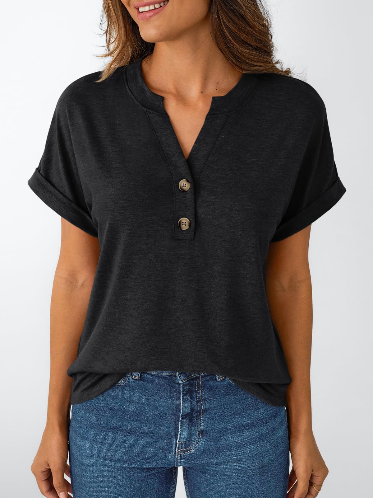 AUTOMET Women's Short Sleeve Shirts Henley Dressy Casual Summer Tops 2026 Spring Fashion Trendy Cute T-Shirts Black Small - 1