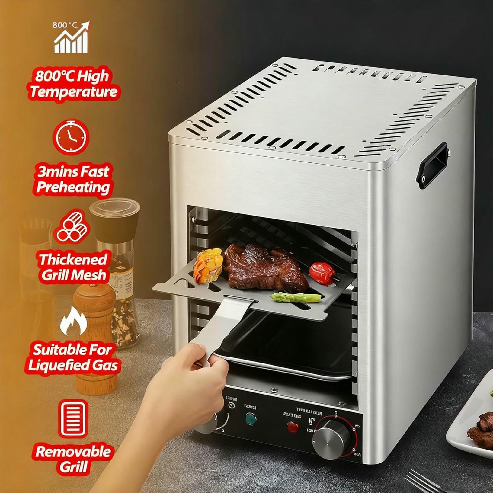Griglia elettrica a infrarossi per bistecche, 1700 W, griglia a 10 Livelli | Preriscaldamento in 5 Minuti per grigliate all;Aperto di Manzo, Pollo e Verdure.