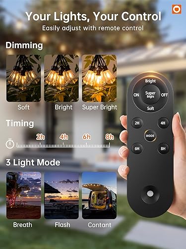 Miniatura 3 de addlon Tira de luces solares de 54 pies (48+6) para exteriores, impermeable, con puerto USB y control remoto, luces solares regulables para patio,