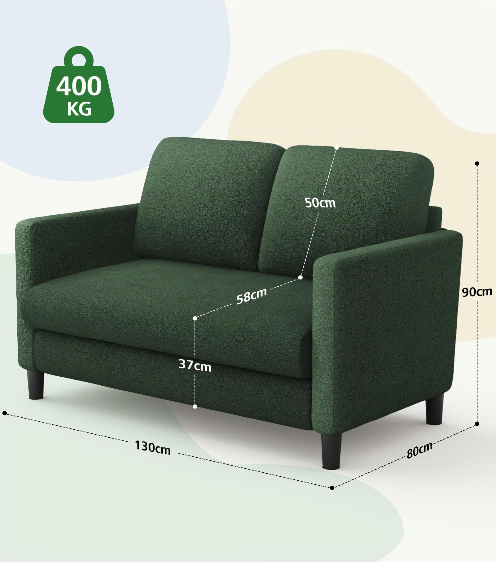 Domusensus 2 Sitzer Sofa, 2 Sitzer Kleinsofa, Ganz aus Holz-Couch, Teddy Fleece Zweisitzer-Kleinsofa, Werkzeugfrei 2er Sofa, 2-Sitzer-Sofa, für Wohnzimmer, Schlafzimmer, Büro, Jugendzimmer, Grün