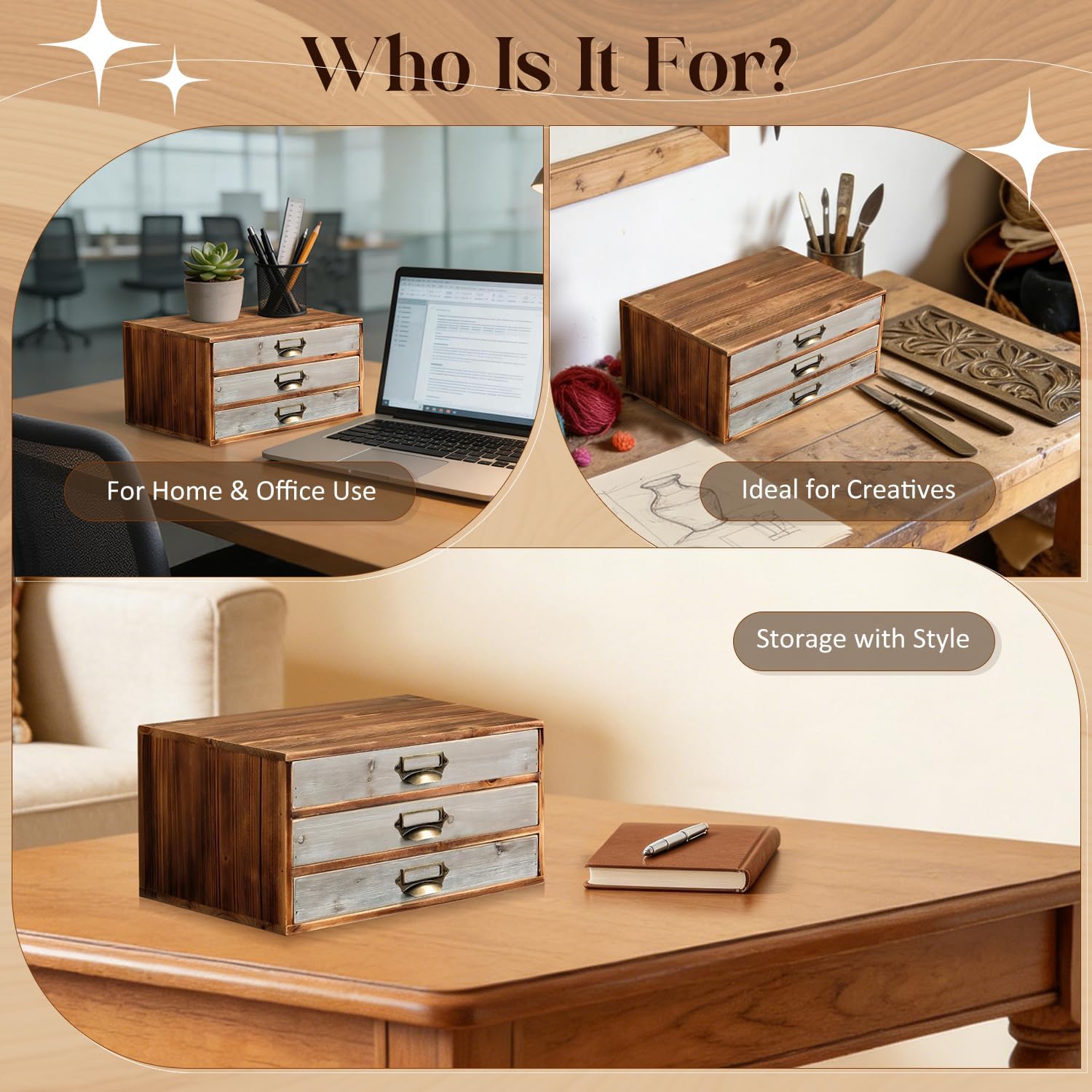 Stackable Modular Desktop Drawer Organizer, Aged Vintage Wood Grey 3-Drawer Storage Unit with Label Pull Handles, 2 Tone Wooden Japandi Style, Expandable by Adding More Units for Clutter-Free Spaces