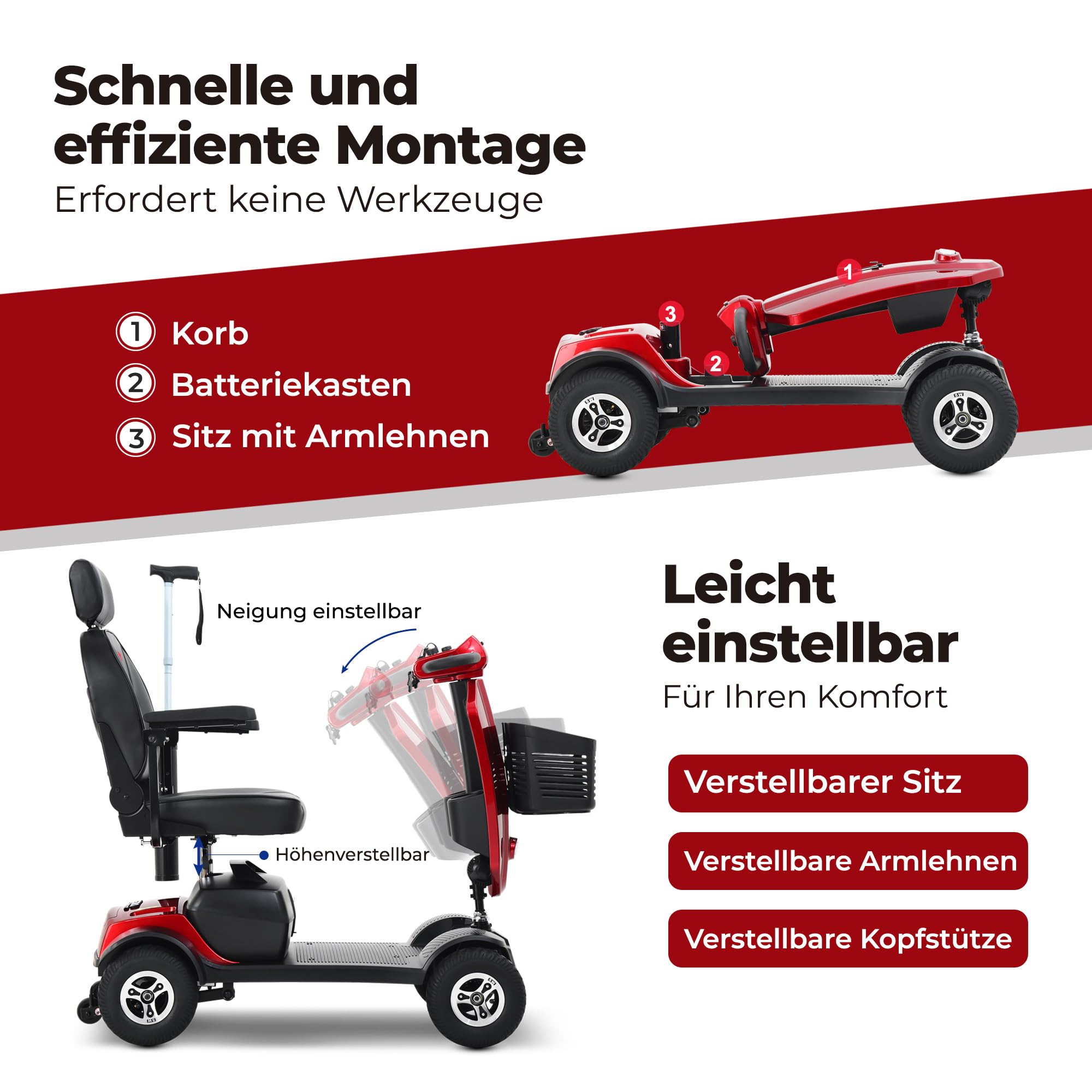 Scooter eléctrico plegable para personas mayores y mayores, parabrisas + asiento giratorio de 360°, motor de 300 W, alcance de 25 km, 2 portavasos + USB (rojo)