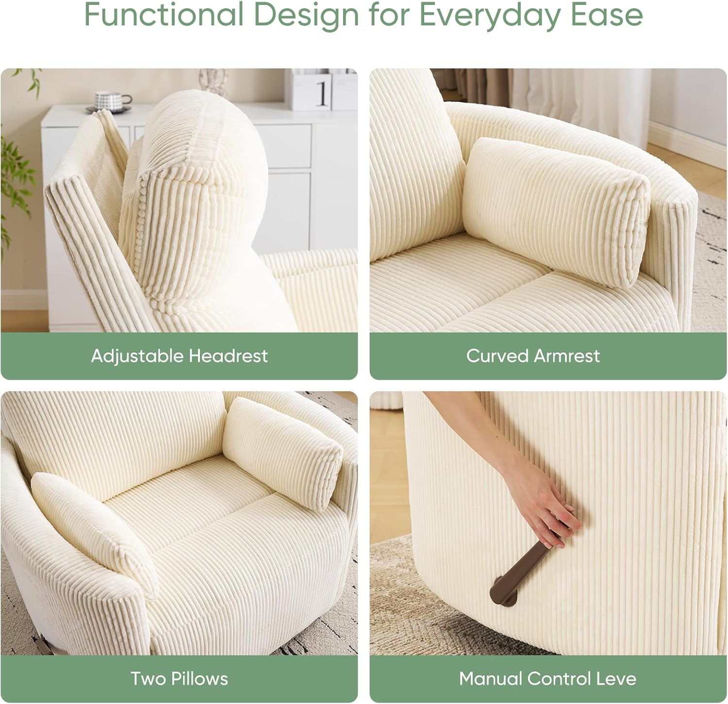 Oversized Swivel Rocker Recliner Chair with Heat and Massage, Rocking Chair with Adjustable Headrest, Manual Rocker Recliner Chair, Glider Recliner Chair with 2 Pillows, Corduroy Beige