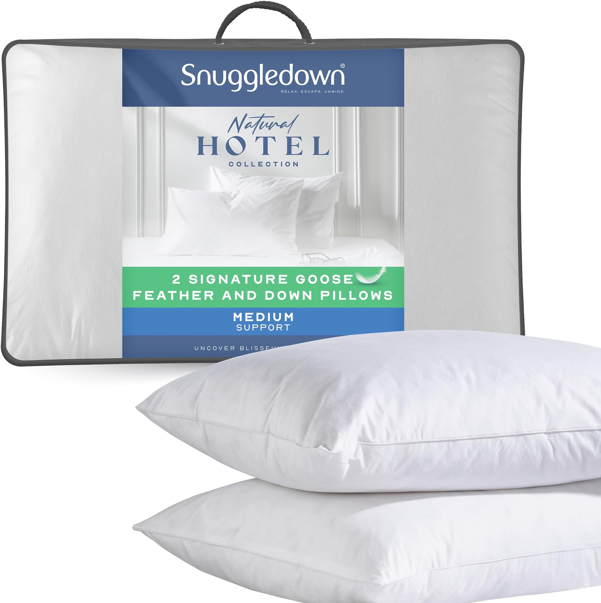 Goose Feather & Down Pillows 2 Pack - Medium Support Back Sleeper Pillows for Back Pain Relief - 100% Cotton Cover, Hypoallergenic, UK Standard Size (48cm x 74cm)
