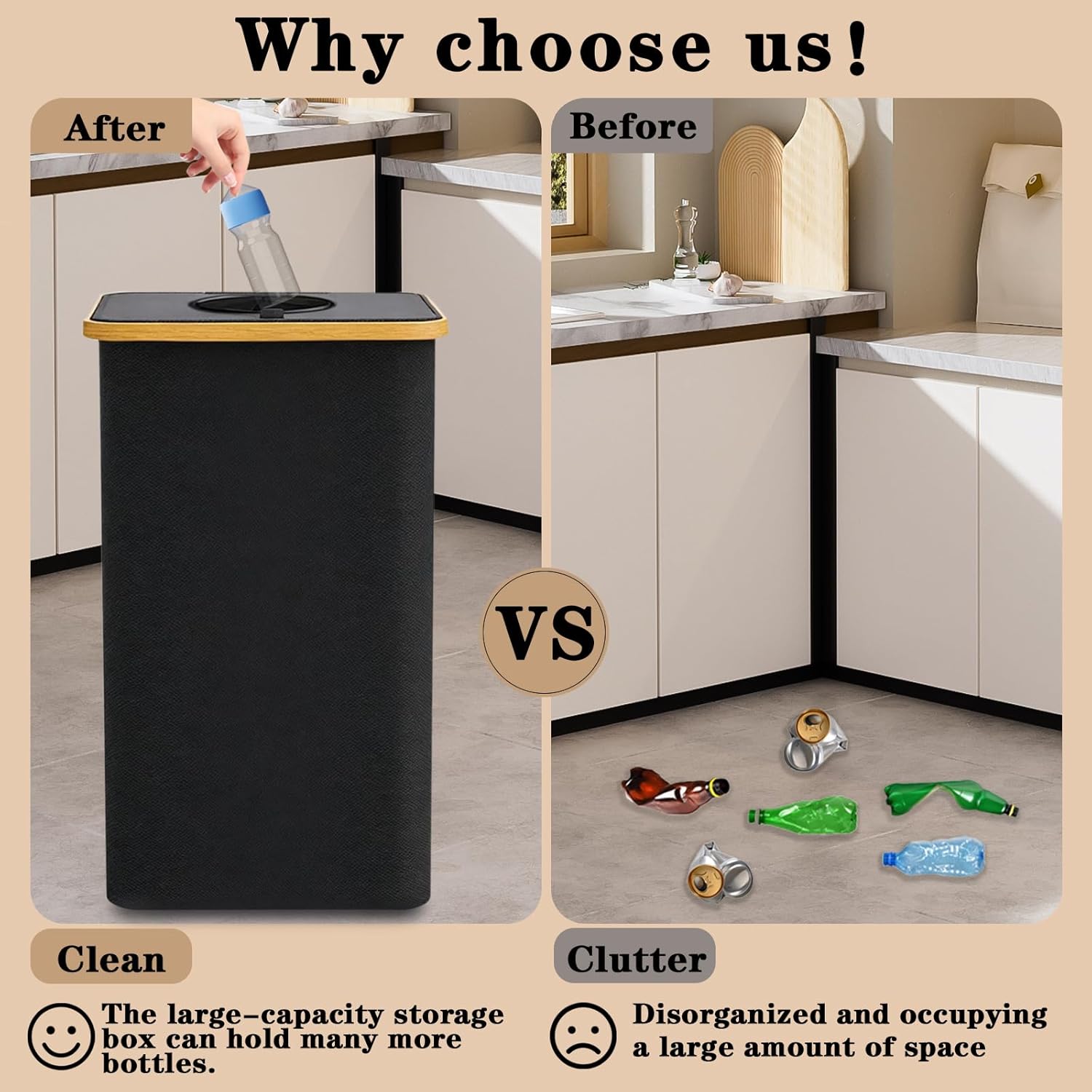 Recycling Bin for Kitchen 26 Gallon, 100L Large Recycle Bins with Bamboo Lid, 2 Removeable Reusable Inner Bags, Foldable Kitchen Trash Can for Recycling Bottle Glass Waste Plastics, Black