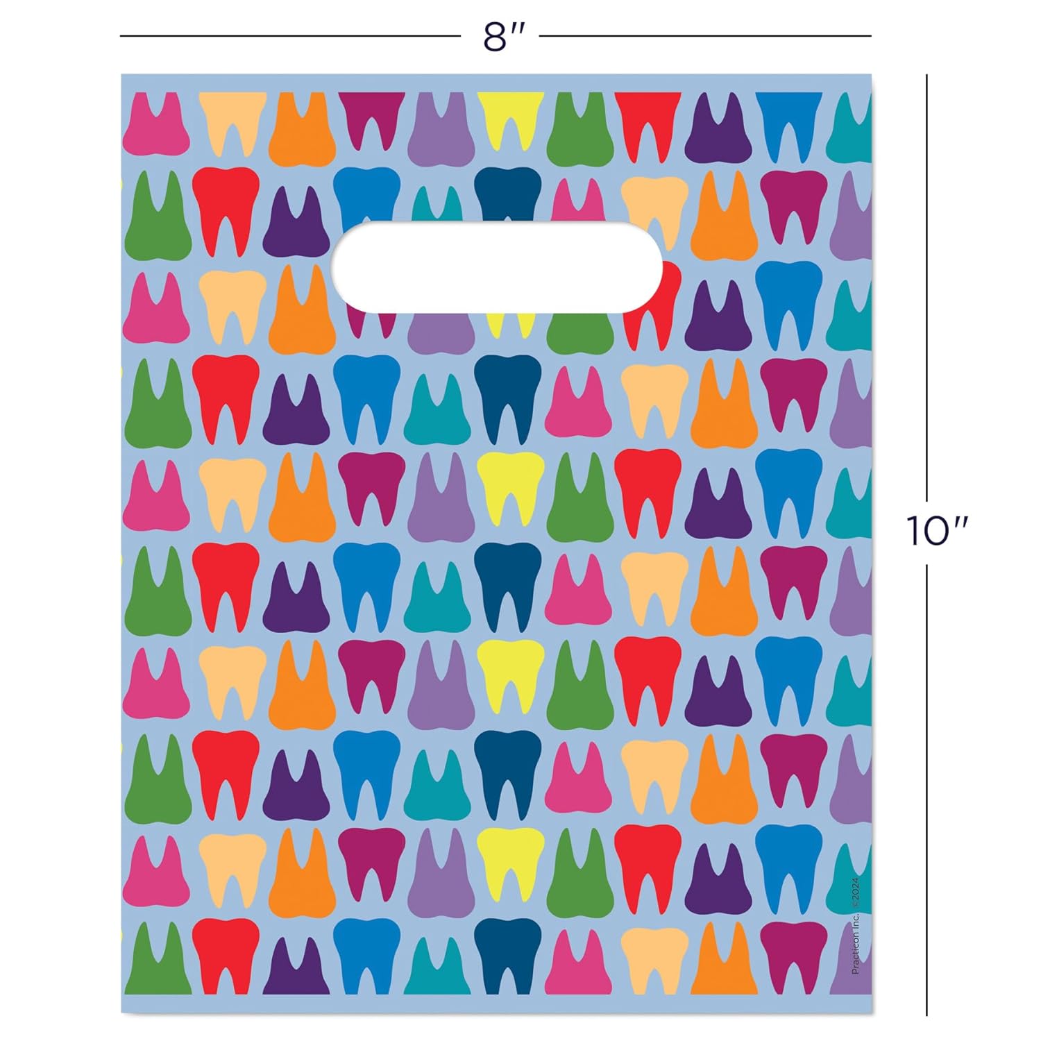 Practicon Rainbow Teeth 8" x 10" Dental Giveaway Bag, Dental Hygiene Patient Care Goodie Bag, Dentist Office Plastic Gift Bags, 100 Pack