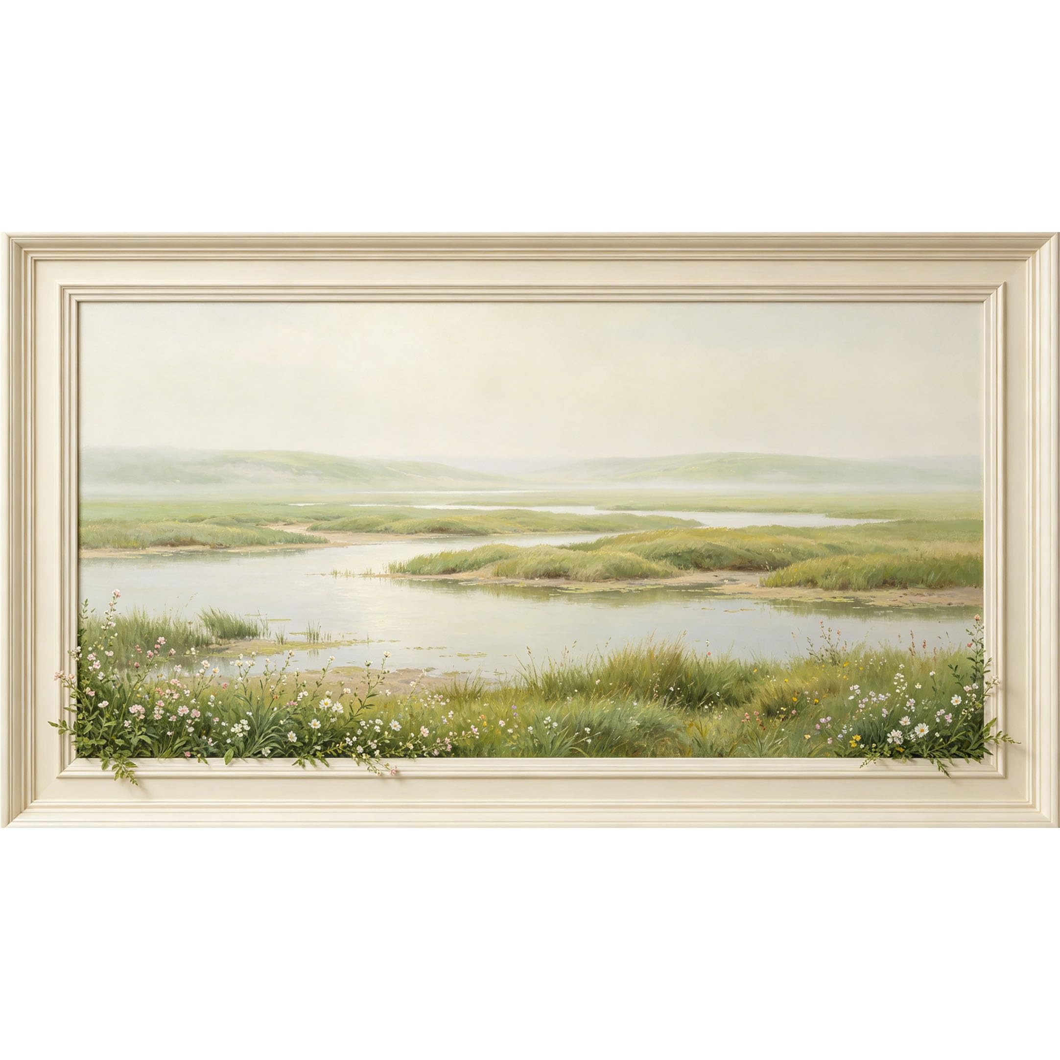 QZLITHOTIC 50x90cm3D Framed Wall Art， Tranquil Landscape Pastoral Marsh Meadow Self‑Adhesive Mural， Water‑Activated Peel & Stick Fabric Decor Wall Decal for Bedroom Living Room