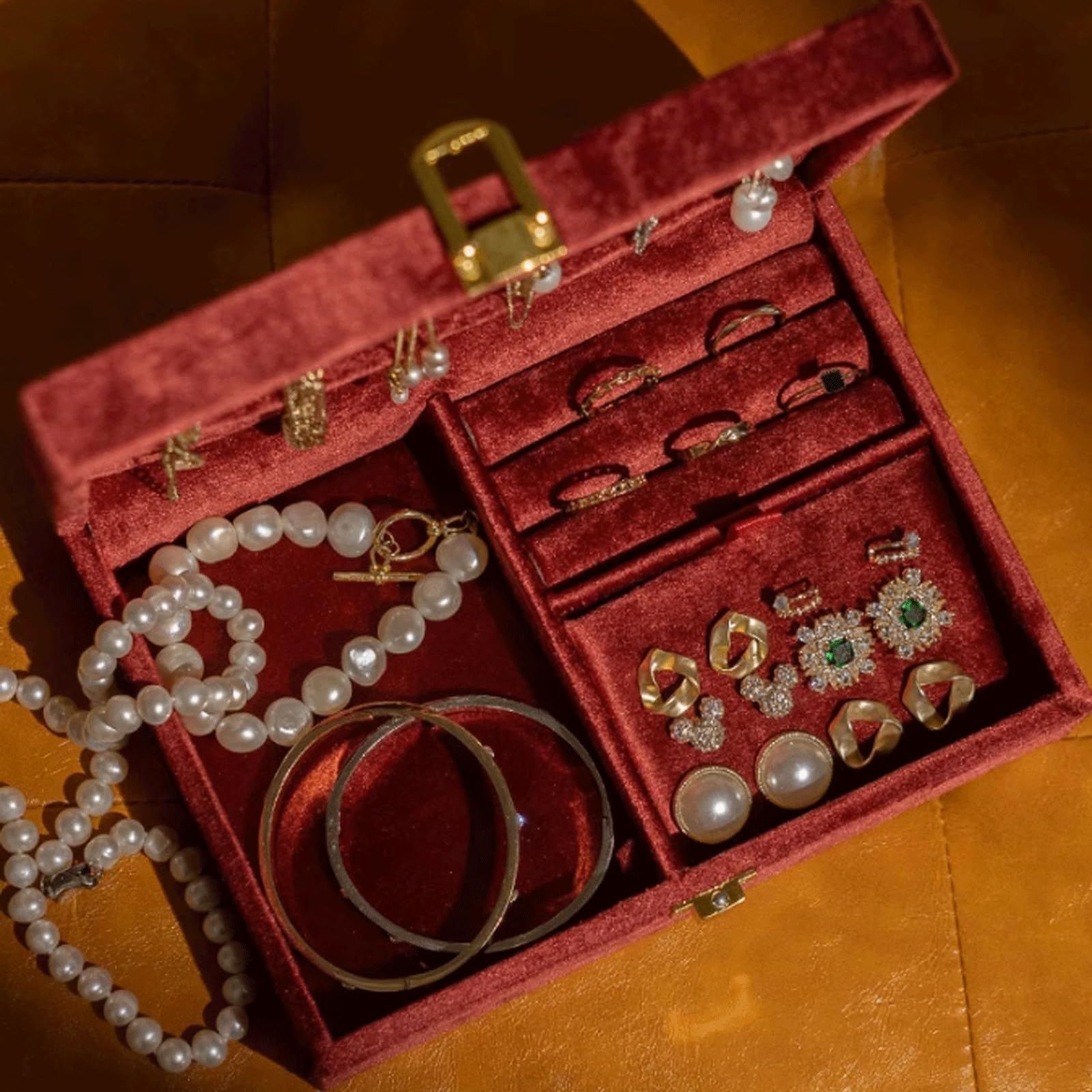 WZGWDC Schmuckkästchen, Samtstoff, Reise-Schmuckkästchen, Metallschnalle, Schmuckschatullen, Schmuckdisplay, Aufbewahrungskoffer für Halsketten, Armbänder, Frauen und Mädchen
