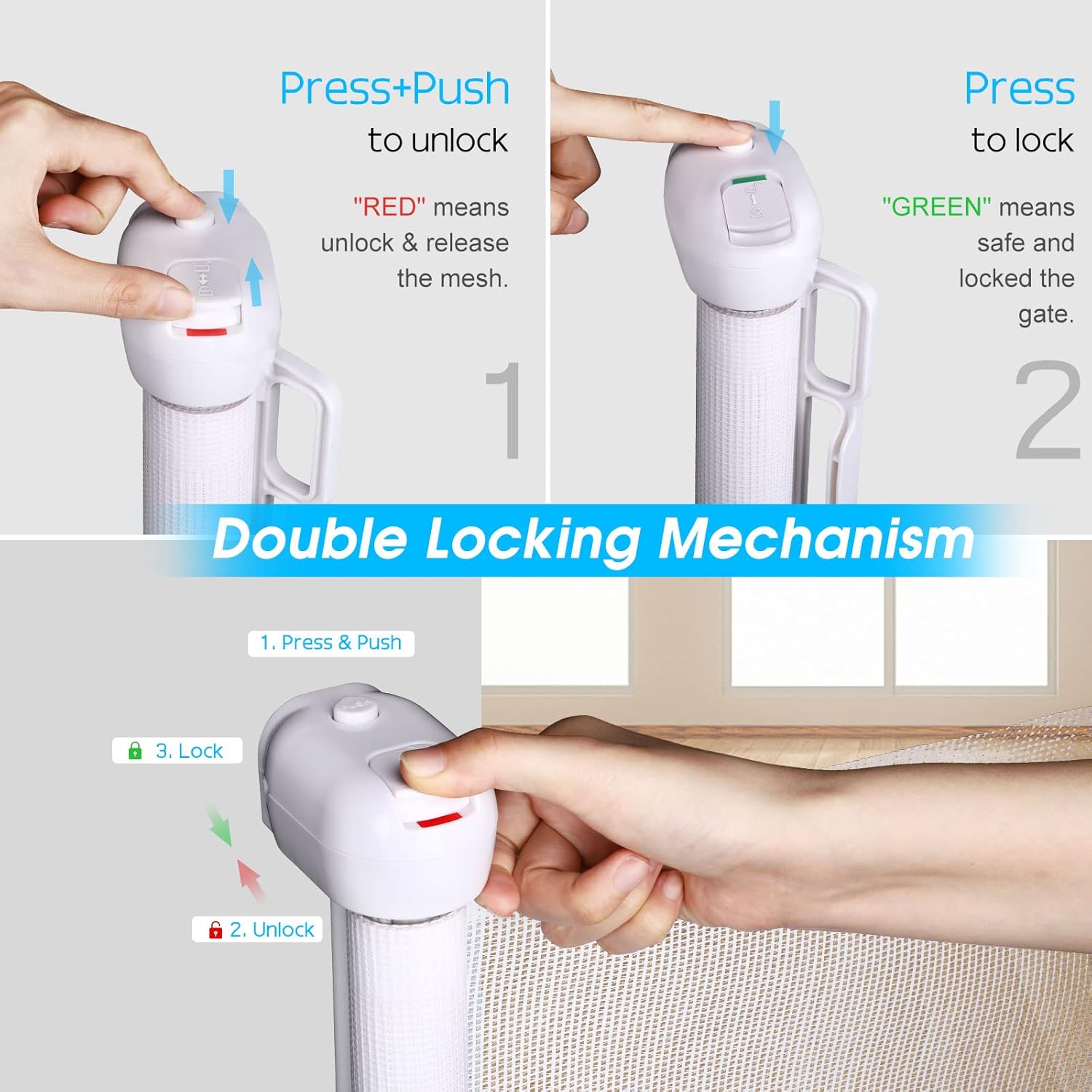 Retractable Baby Gates for Stairs, 33" Tall, Extends to 51" Extra Wide, Mesh Soft Pet Gate for Dog, Child Safety Gate for The House, Doorways, Hallways, House, Indoor, Outdoor(White)