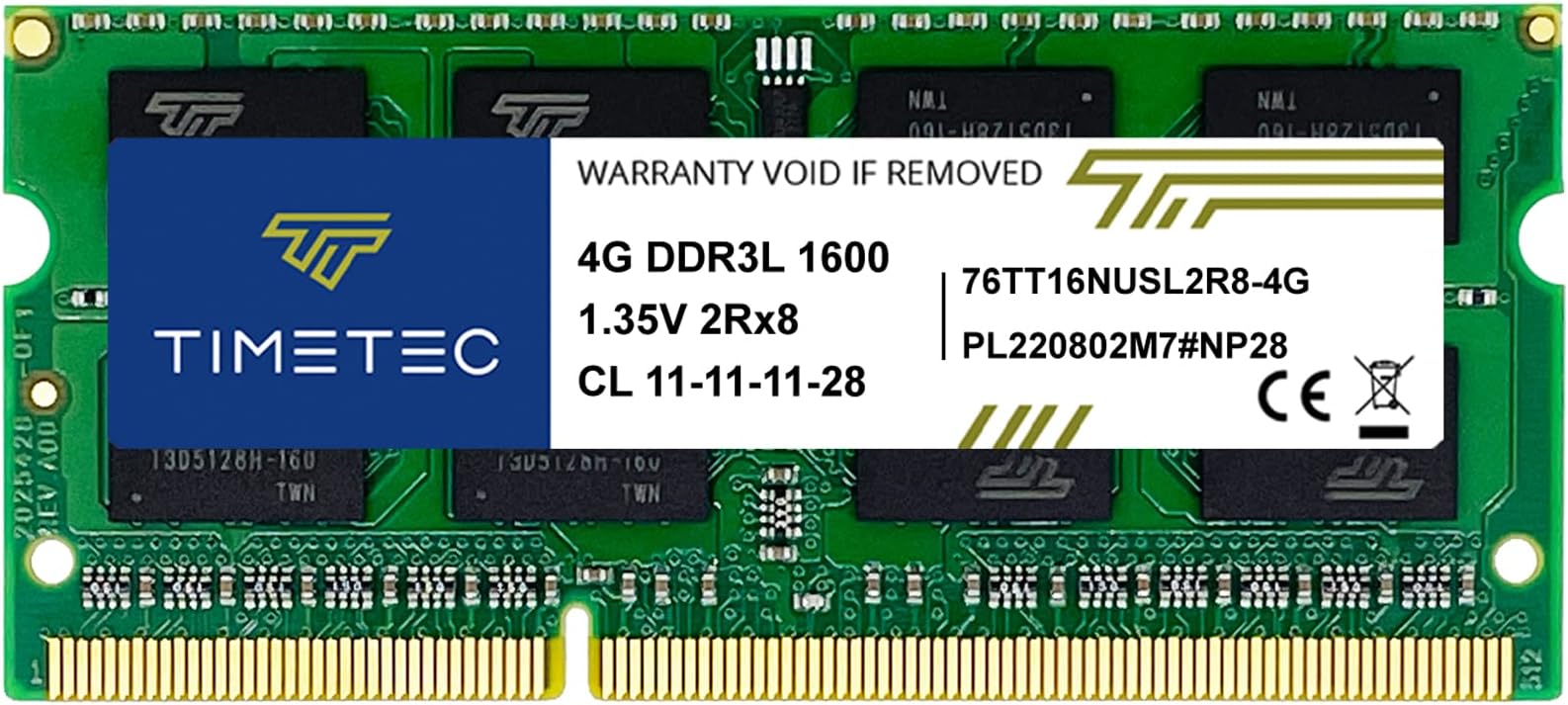 Timetec 4GB DDR3L / DDR3 1600MHz PC3L-12800 / PC3-12800 Non-ECC Unbuffered 1.35V / 1.5V CL11 2Rx8 Dual Rank 204 Pin SODIMM Laptop Notebook PC Computer Memory RAM Module Upgrade (4GB)