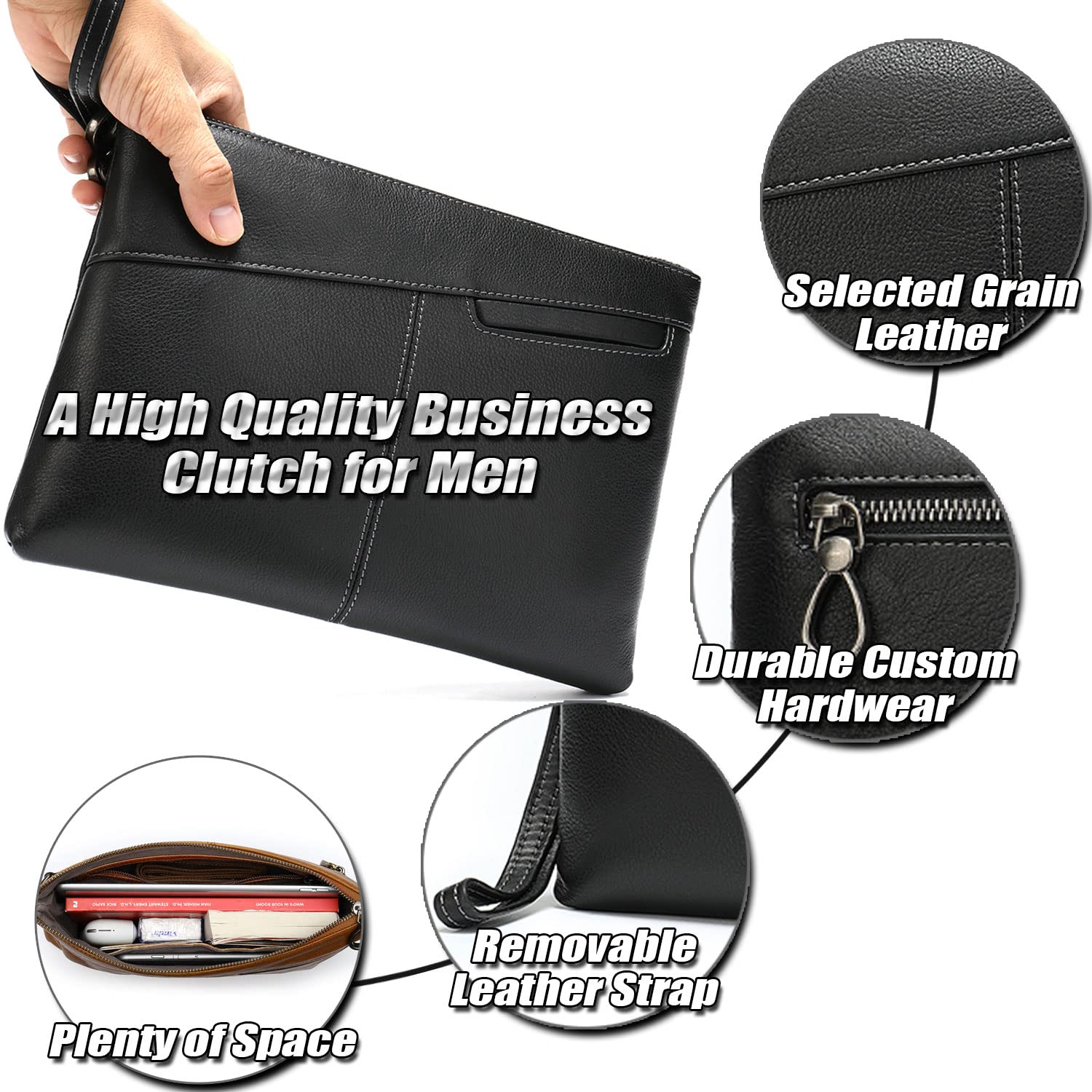Bolsa de Mano para Hombres en Cuero de Grano Calidad, Formal Bolsa Business con Correa de Mano, Cartera de Mano para Teléfono Móvil y Tableta de Hasta 9,7 Pulgadas, Bolso Clutch de Hombre