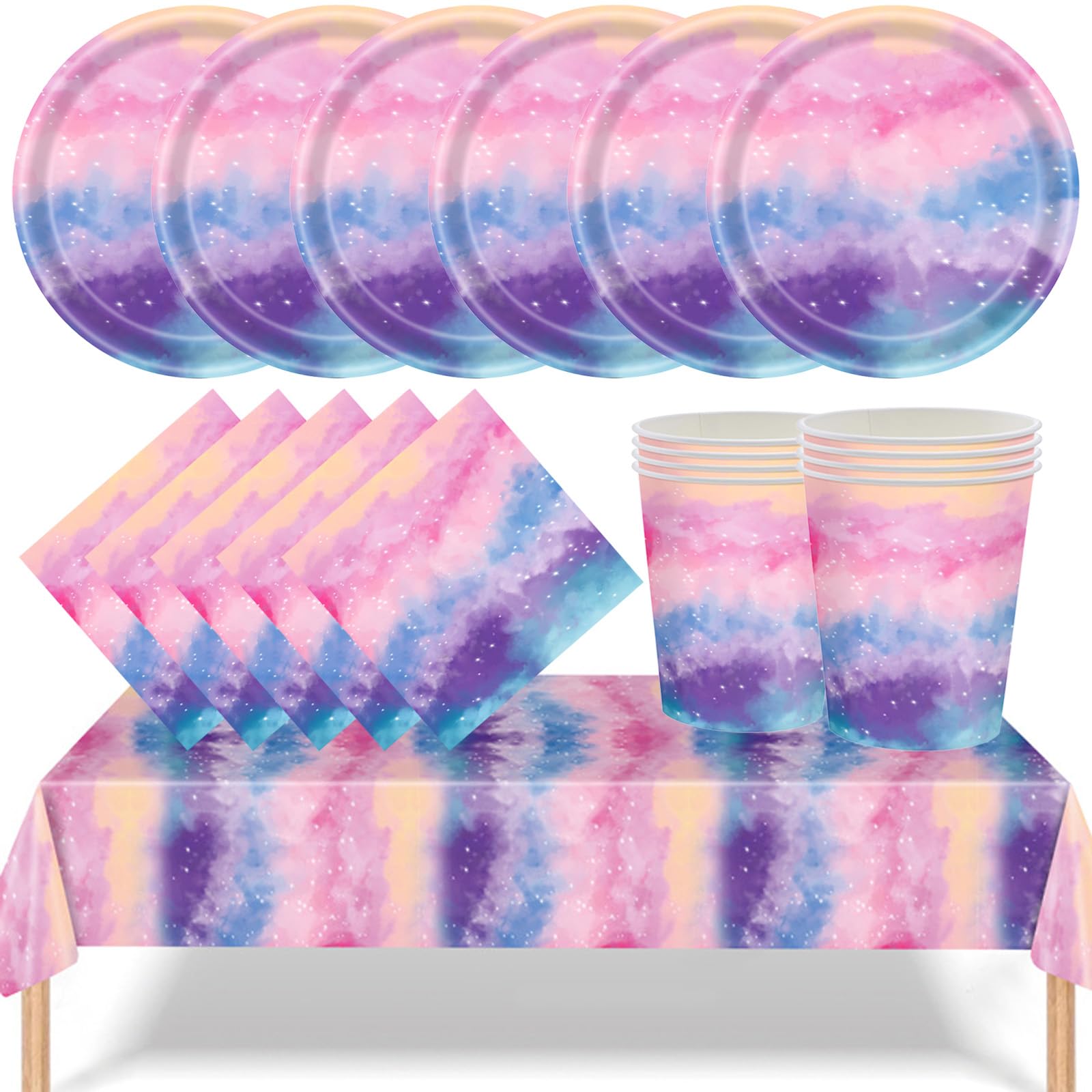 MORAINJAY 53P Pastel Party Tableware Set,Rainbow Birthday Party Decorations with Tablecloth,Plates,Cups,Napkins,Galaxy Paper Dinnerware Set Supplies 16 Guests