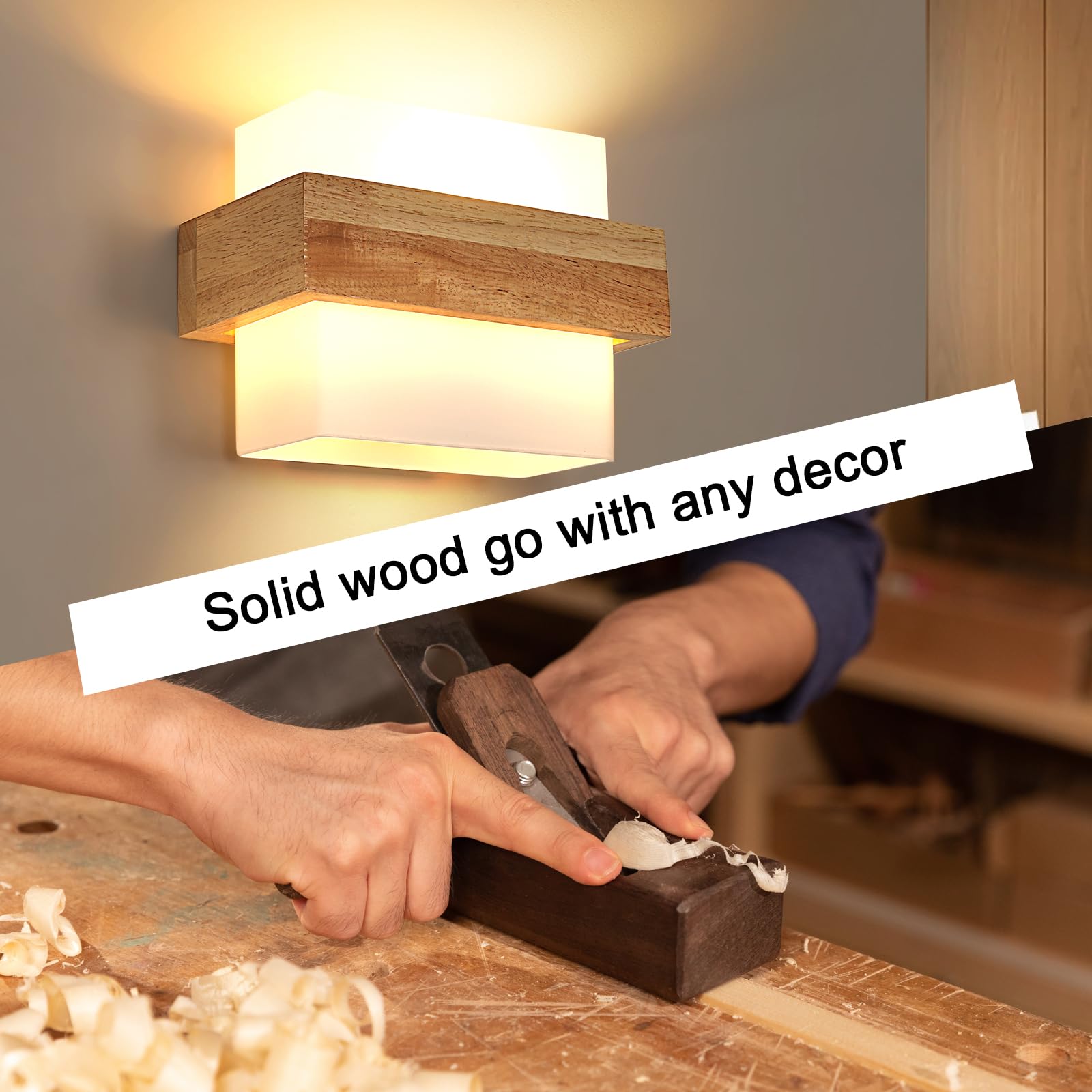 DELIPOP Applique da Parete Interno, Moderno Lampada da Parete Quadrato in Legno con Paralume in Vetro, E27 Illuminazione Interni Lampada a Muro per Camera da Letto Soggiorno Corridoio Scale