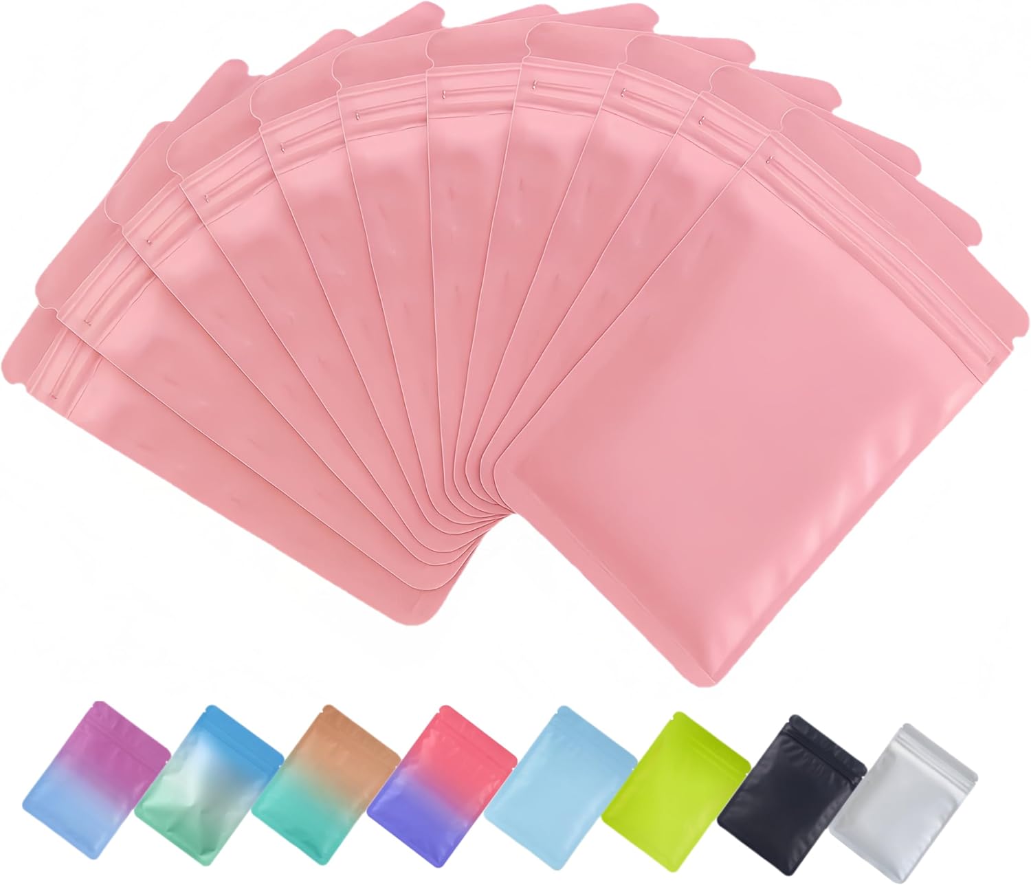 Pack of 100 Mylar Bags with Zip, Colourful Ziplock Bags in Matte Colour, Resealable Bags for Storing Food, Snack, Spice, Packaging (Pink, 12 x 20 cm)