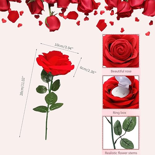 Vista 6 de Caja de almacenamiento para anillos de flores de rosas rojas, rosa romántica con tallo, caja de almacenamiento para anillos de compromiso