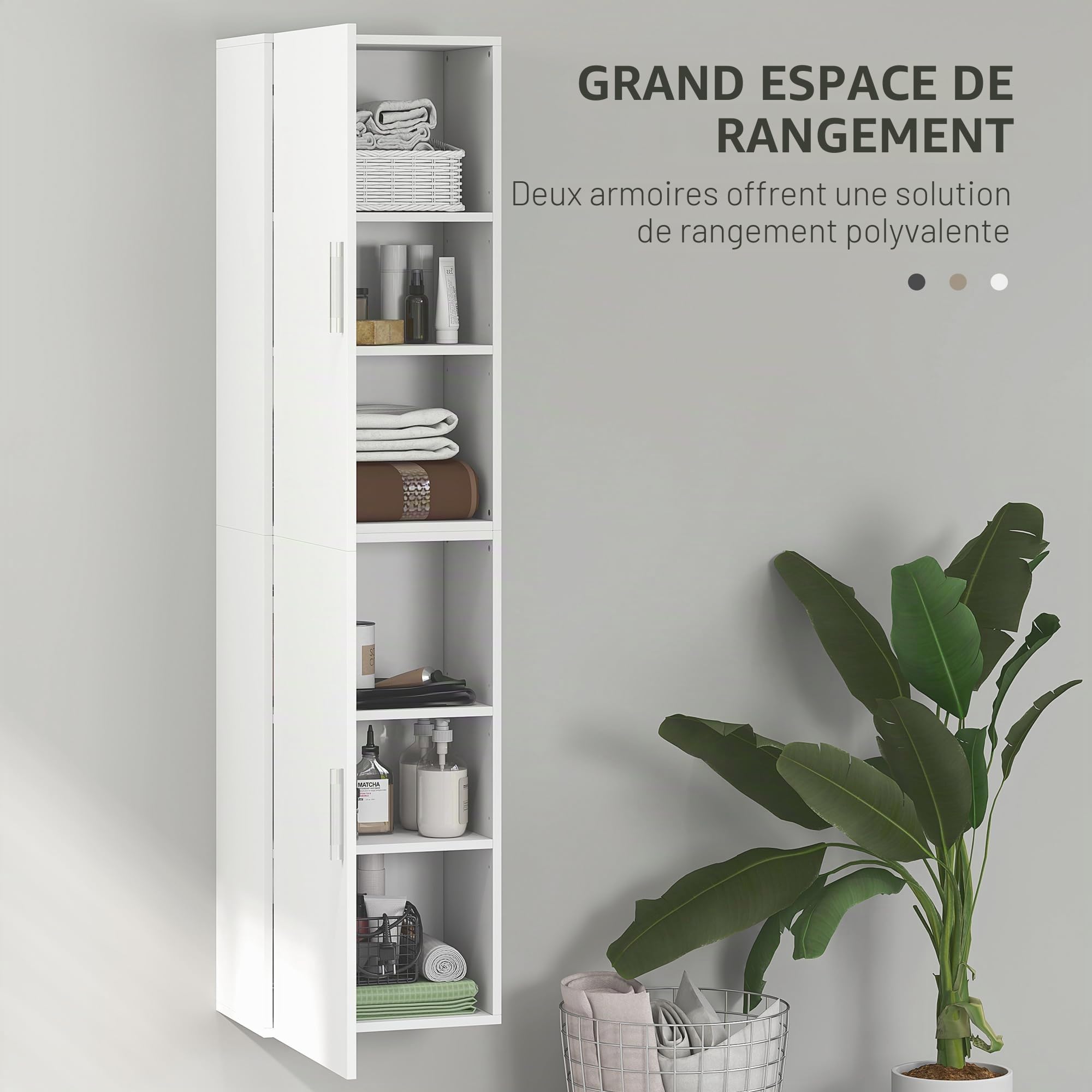 HOMCOM Armoire murale pour salle de bain avec étagères réglables et 2 portes - Meuble de salle de bain moderne pour les petits espaces - 40 x 30 x 160 cm - Blanc brillant