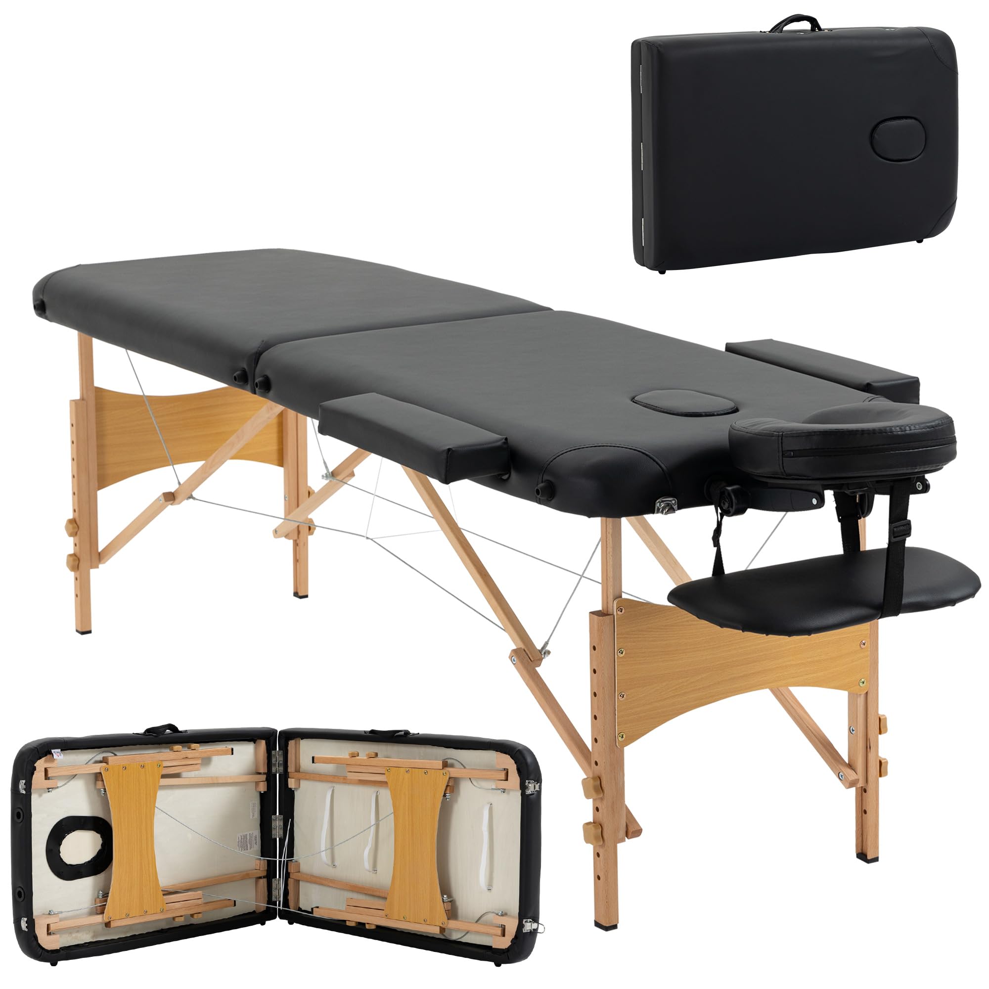 Homcom Black Portable Massage Bed, Folding Spa Beauty Massage Table With 2 Sections, Carry Bag And Wooden Frame,