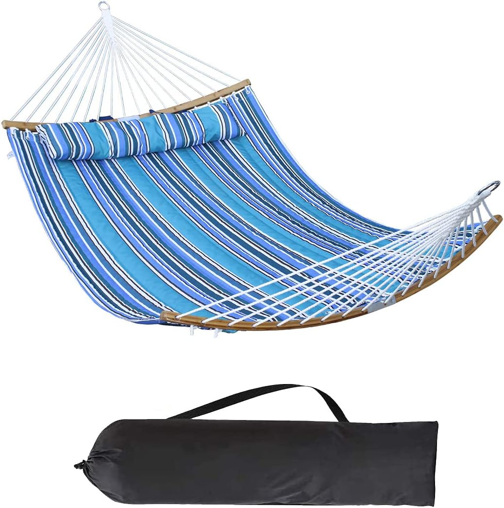 HENG FENG 11FT Quilted Fabric Double Hammock with Bamboo Spreader Bar,2 Person Hammock for Indoor Outdoor,Max 475lbs Capacity,Cerulean