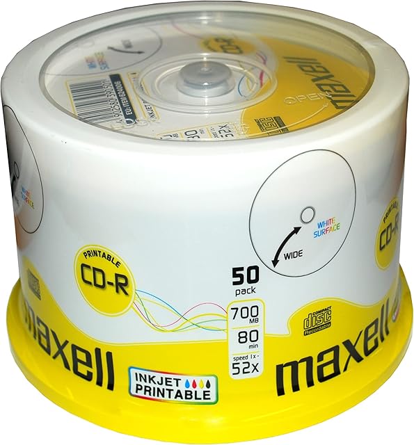 Maxell CD-R 52x White Full Face Inkjet Printable Surface - 50 Discs in Spindle Pack