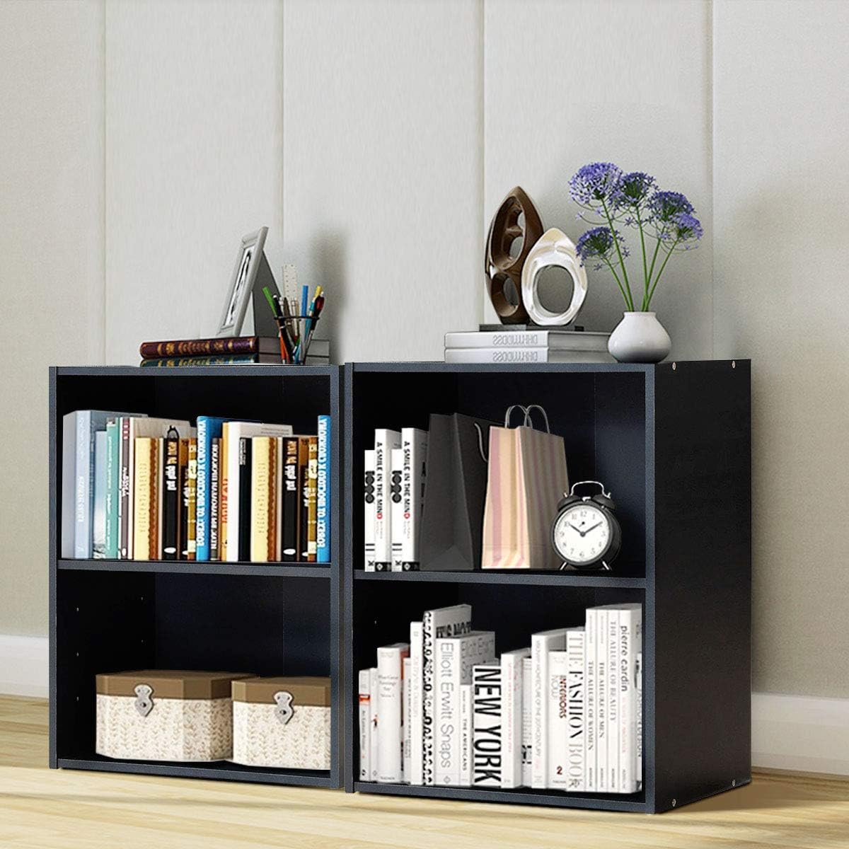 Giantex Bookshelf and Bookcase 2-Layer Storage Shelf, W/ Large-Capacity Open Storage Space, MDF P2 Veneer, for Living Room Bedroom Study Office Multi-Functional Furniture Display Cabinet (Black, 2)