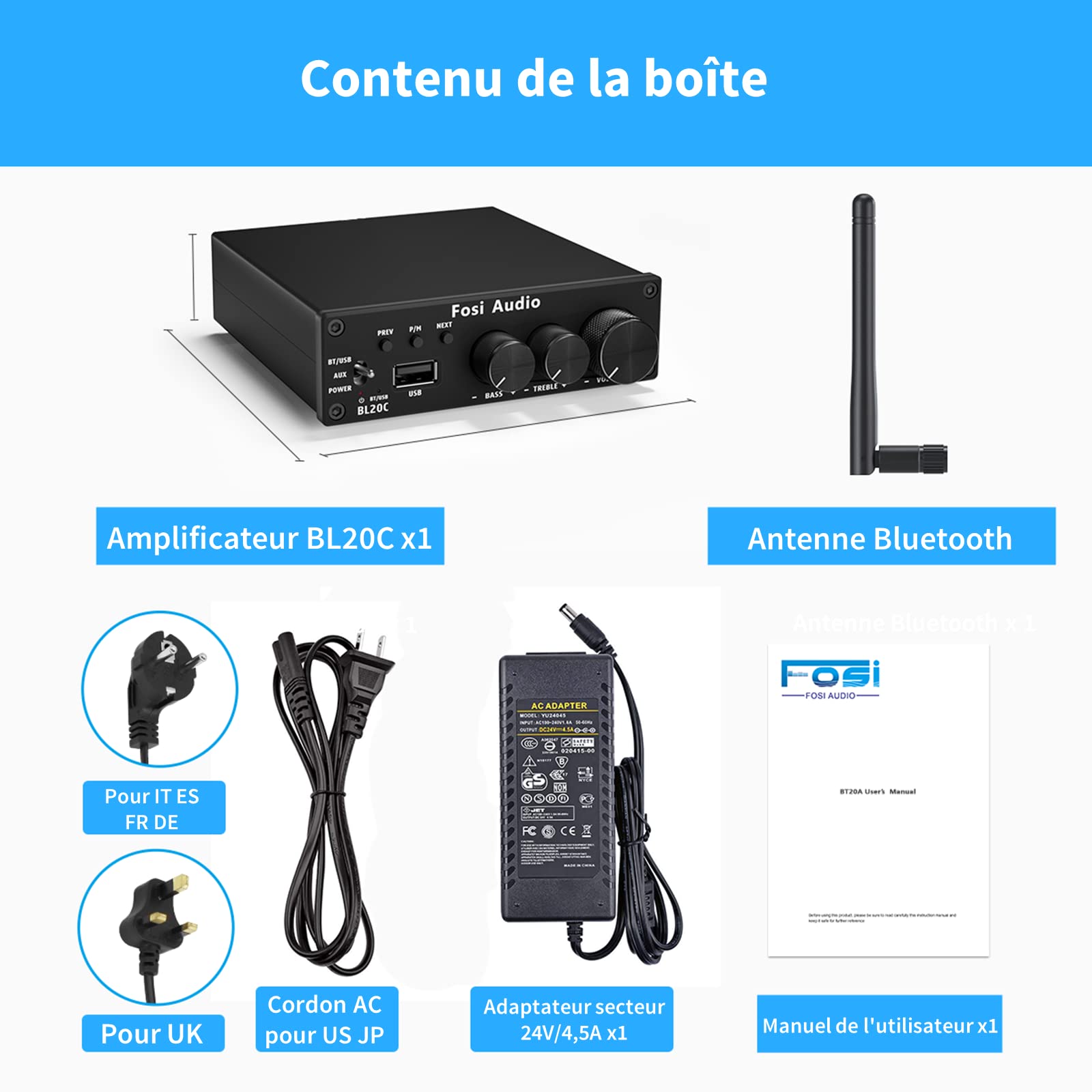 Fosi Audio BL20C 320 Watts Pouvoir Amplificateur Bluetooth 5.0 Lecteur de clé USB Mini Hi-FI 2.1 CH Classe D TDA7498E Ampli de Puissance intégré pour Enceintes Subwoofer Passives Actif Domestiques