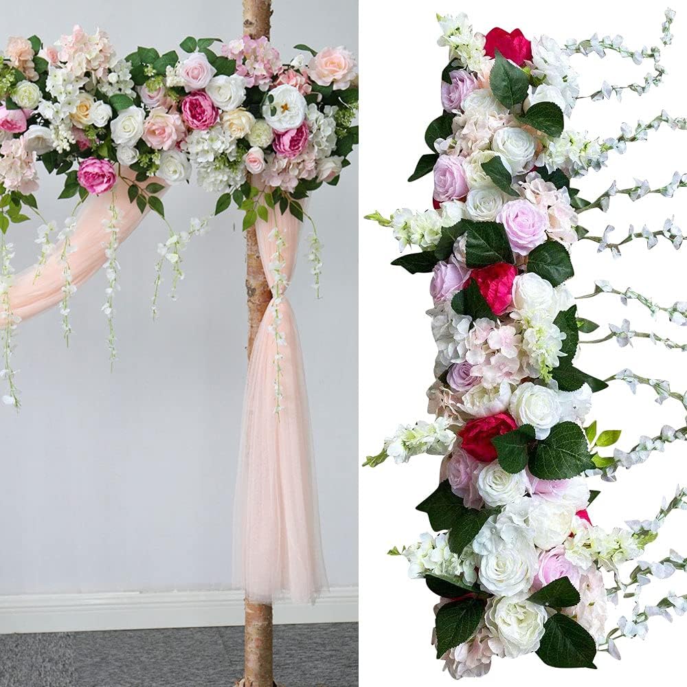 3.28 FT Artificial Flowers Fake Flower Rose Vine Silk Decorative Wall Hanging Plant Artificial Rose Panel DIY Decoration for Wedding Arch Door Arrangement Party Garden (Pink+White)