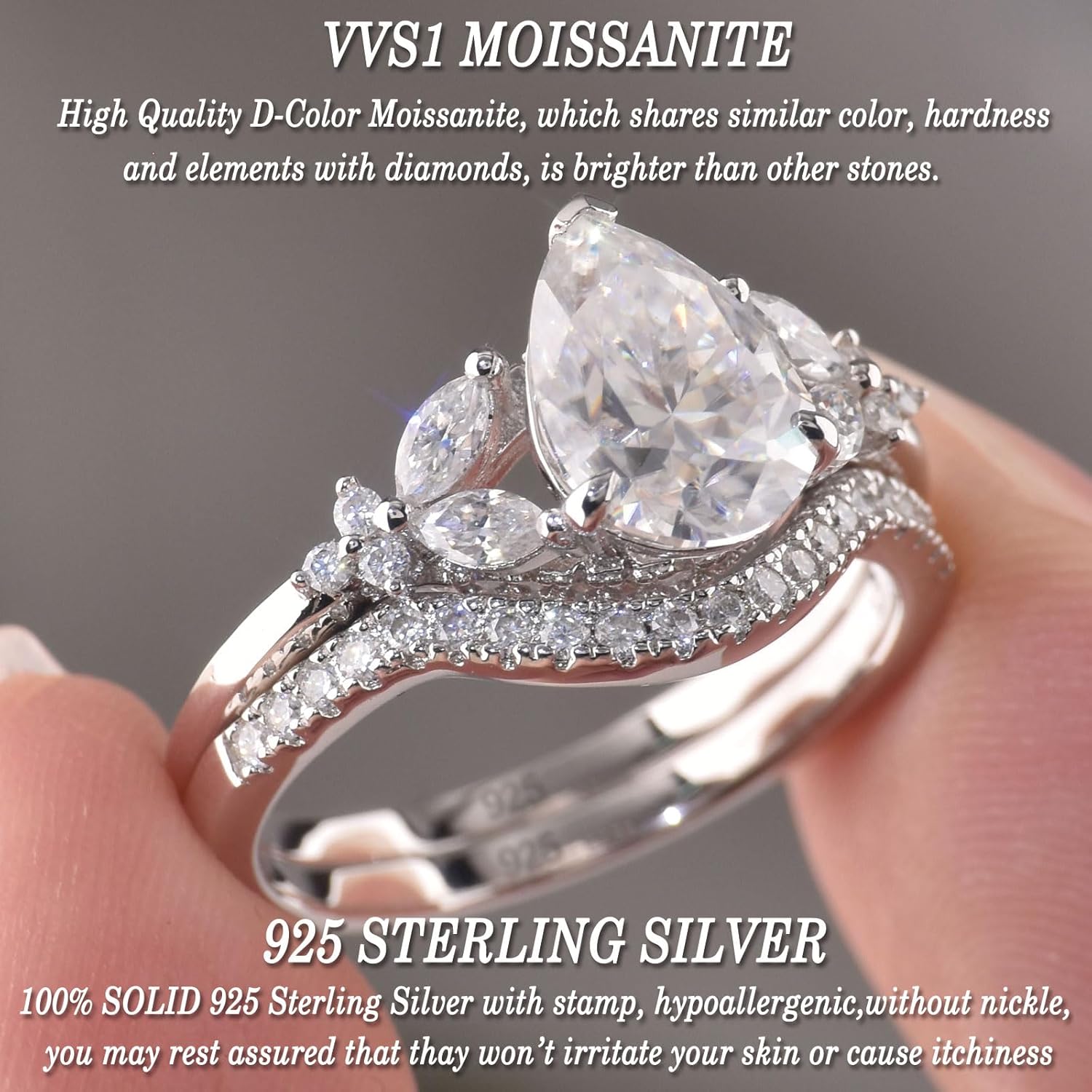 D Color VVS1 Moissanite Wedding Rings for Women 925 Sterling Silver Engagement Ring Bridal Set Pear Teardrop Size 5-10
