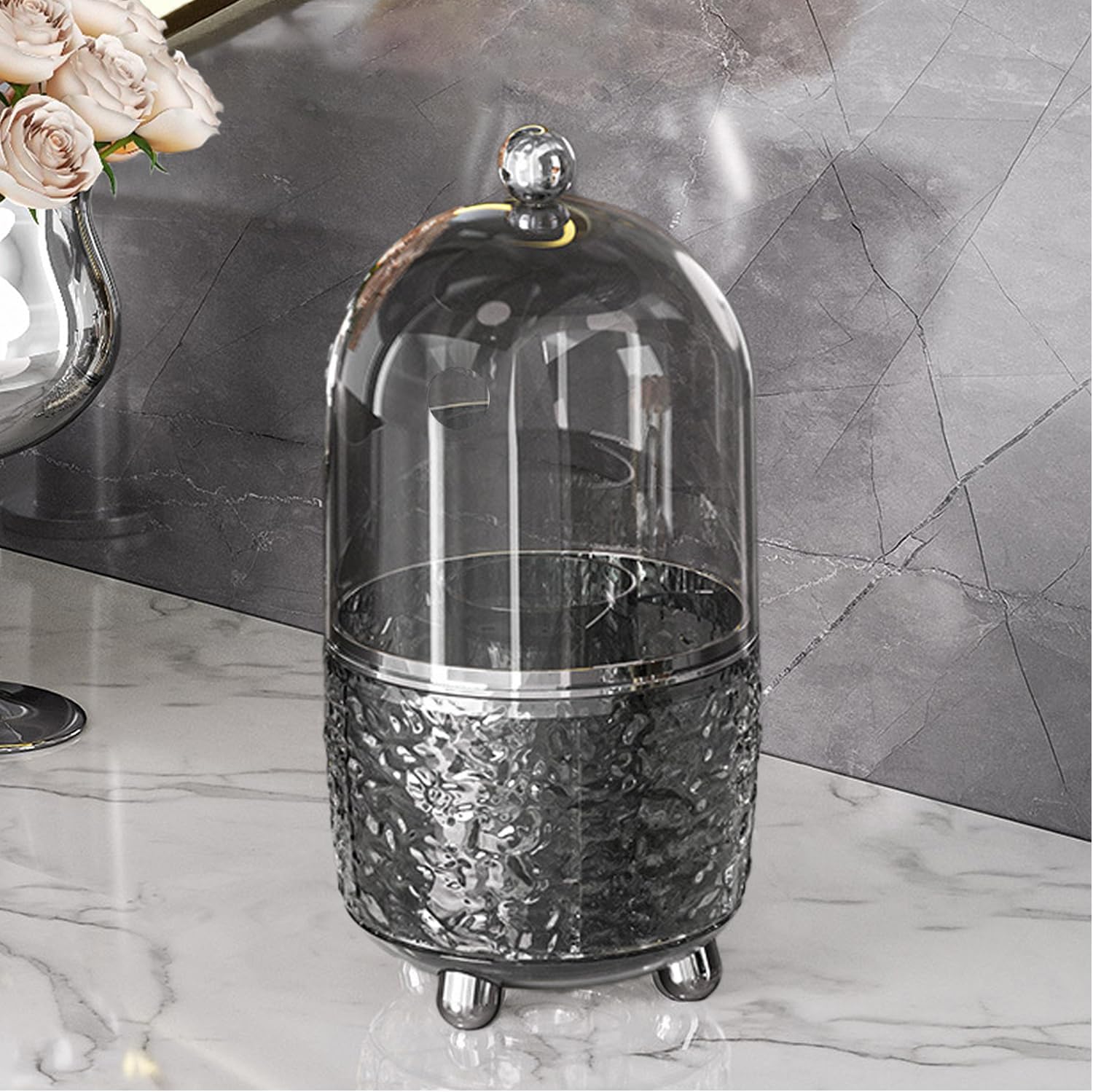 Makeup Brush Organizer with Lid - 360 Rotating Makeup Storage Organizer for Vanity -Makeup Brushes Holder Makeup Brush Holder,Waterproof & Dustproof,Ideal Gift for Women（Transparent Gray）