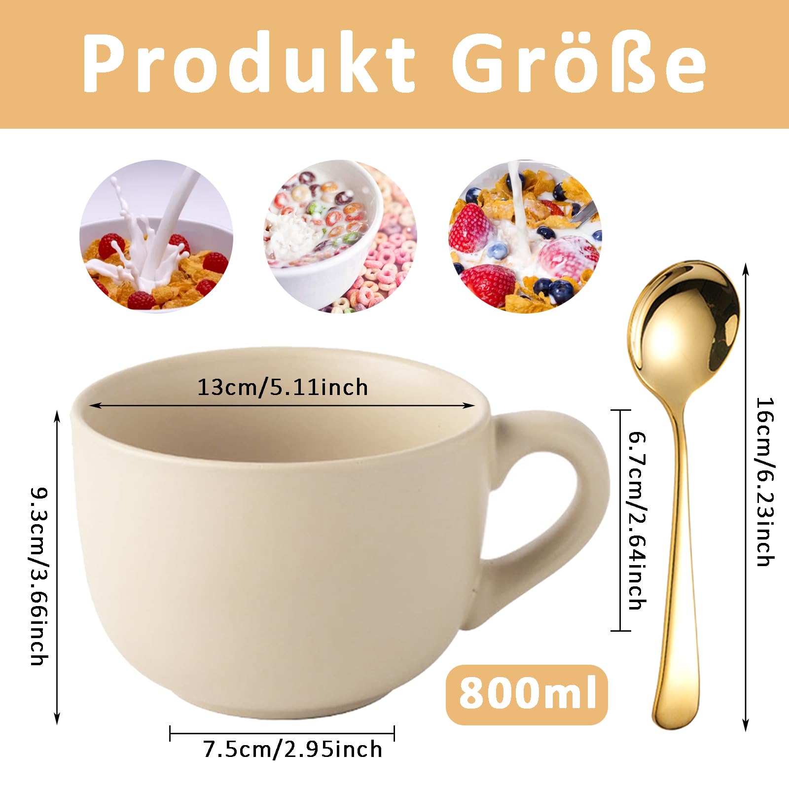 Groß Tasse Müslischalen mit Henke, 800ml Kaffeetass Groß Keramik, Kaffeetass großs Keramik mit Löffee, Suppenschüssel mit Henkel, für Milch, Müsli, Obst, Eiscreme, Hellgelb