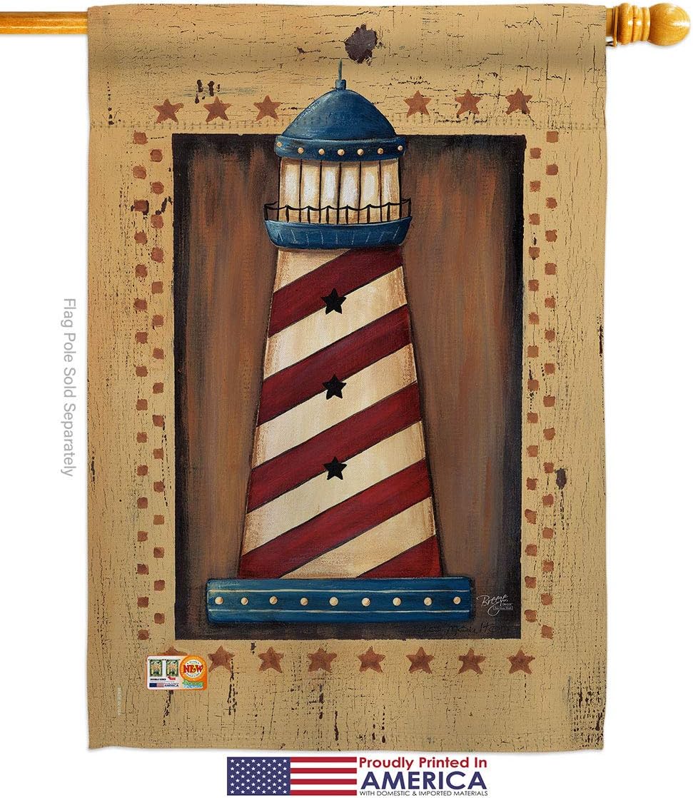 Patriotic Lighthouse House Flag Dowel Set Coastal Nautical Anchor Sailor Sea Shells Outdoor Summer Ocean Small Decorative Gift Yard Banner Made In USA 28 X 40