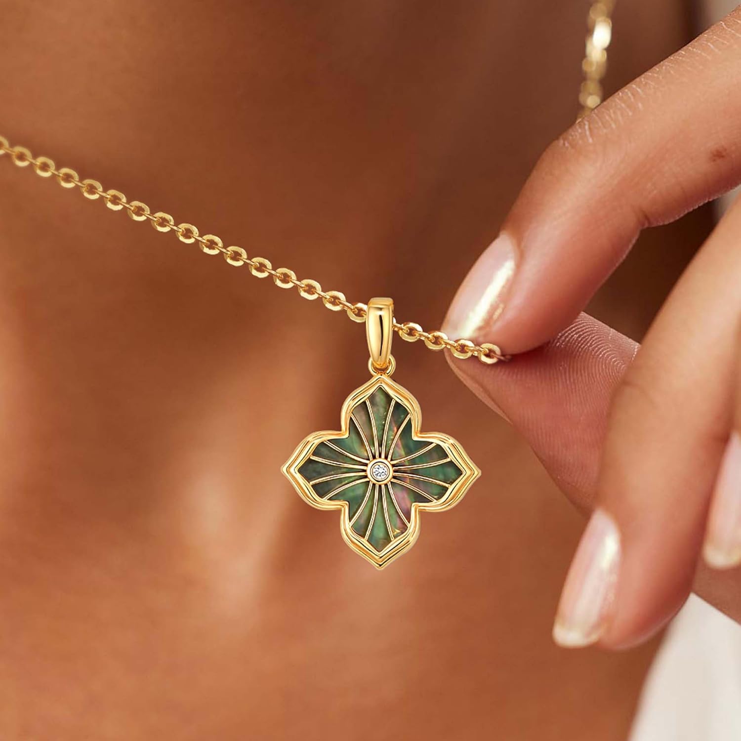 Fettero Necklaces for Women Gold Charm Necklace 2 Sided Lucky Clover Pendant 14K Gold Plated Chain Cross Mom Pearl Necklace for Women Jewelry - Image 3