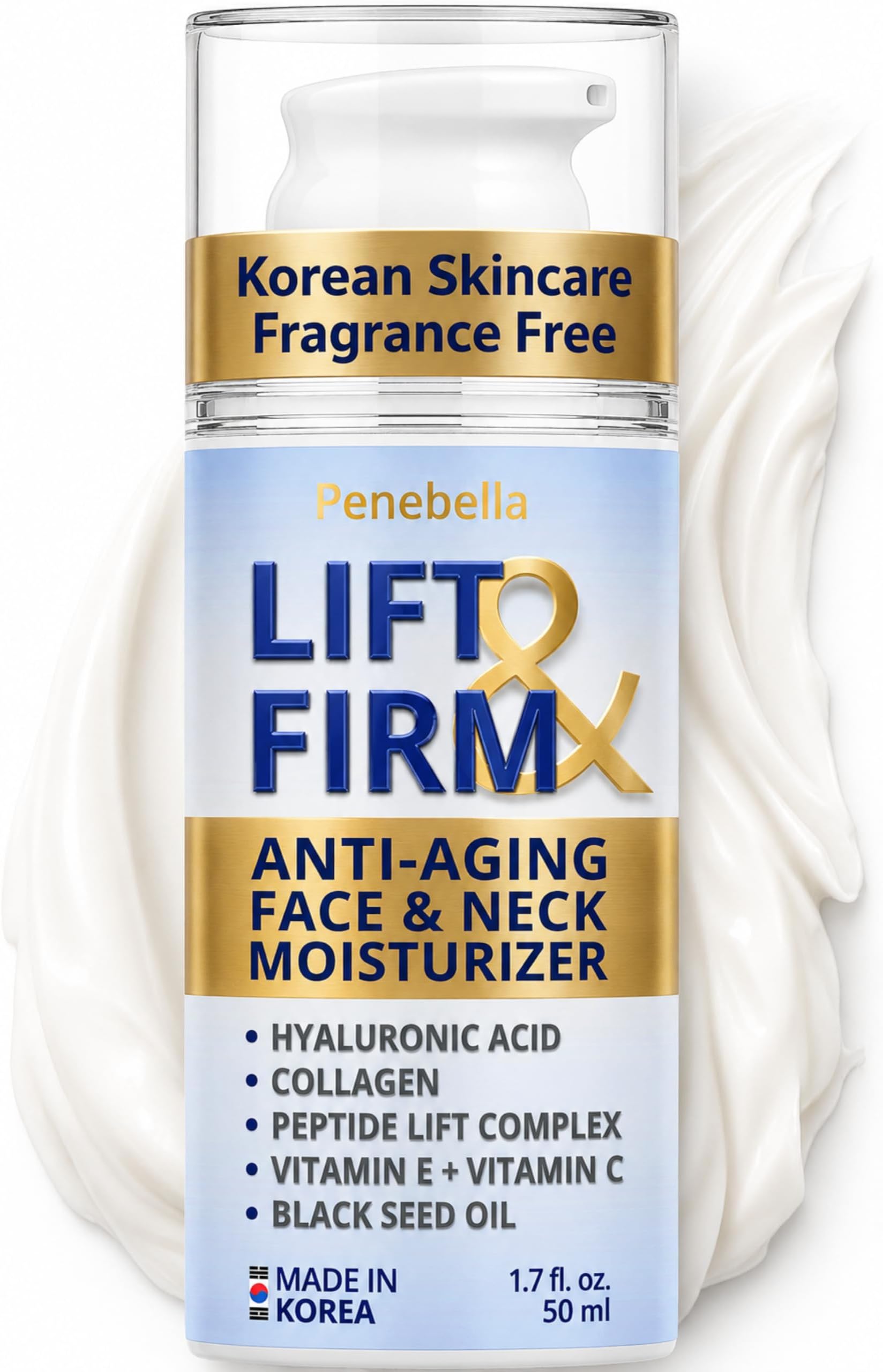 Korean Face & Neck Cream – Lift Peptide Complex – 7% Collagen + 2% Hyaluronic Acid Hydrating & Smoothing Moisturizer – Vitamin C & E Anti-Aging Tightening & Firming Treatment for All Skin Types