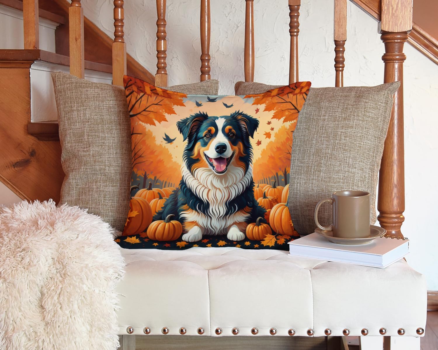 Caroline's Treasures DAC1009PW1414 Australian Shepherd Terrier Fall Fabric Decorative Pillow Machine Washable, Indoor Outdoor Decorative Pillow for Couch, Bed or Patio, 14Hx14W