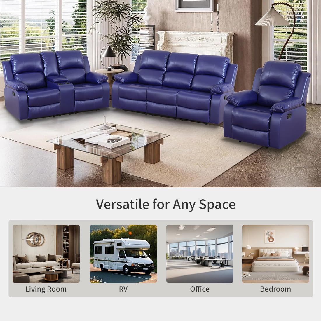 Toseslo Manual Reclining Couch Sofa Set with Drop-Down Table, 3 Pieces Blue Leather Recliner Couch Sets, Living Room Furniture Sets, Recliner Sofa with Storage Console/Cup Holder for Home/Apartment view 6
