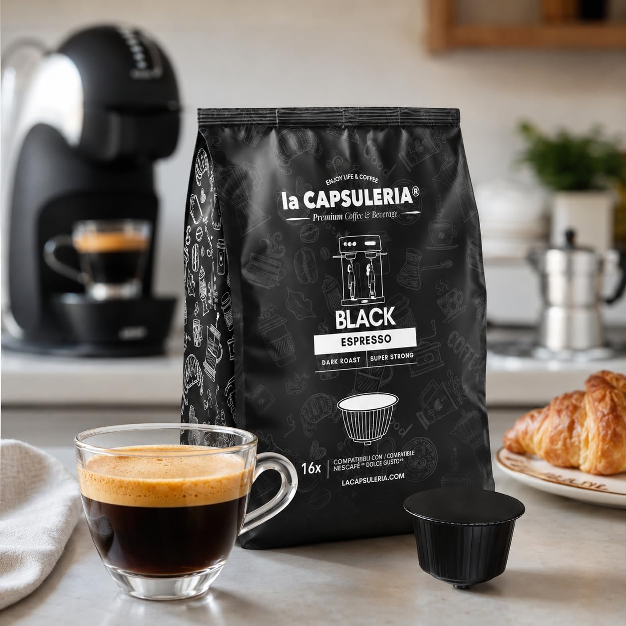 CAFÉ BLACK ESPRESSO (160 Cápsulas) compatibles con Dolce Gusto | Pack 160 cápsulas (10 x 16) | Café Black Espresso intenso, oscuro y persistente, con aroma profundo