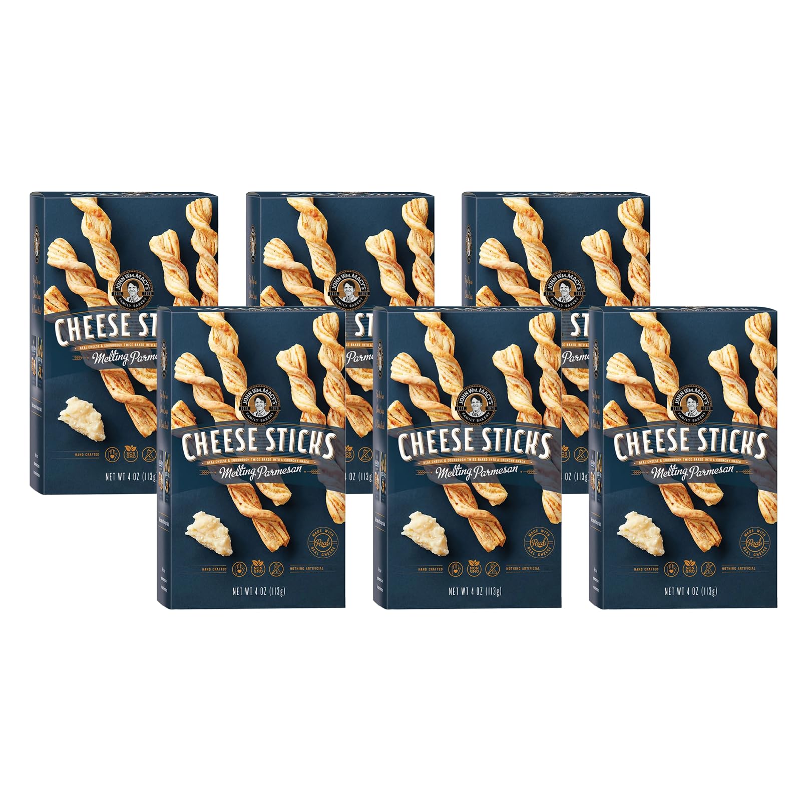 John Wm. Macy - Melting Parmesan CheeseSticks - Hand Crafted, Non GMO, and Nothing Artificial - Made with Real Cheese - 4 oz. Cartons - 6 Pack