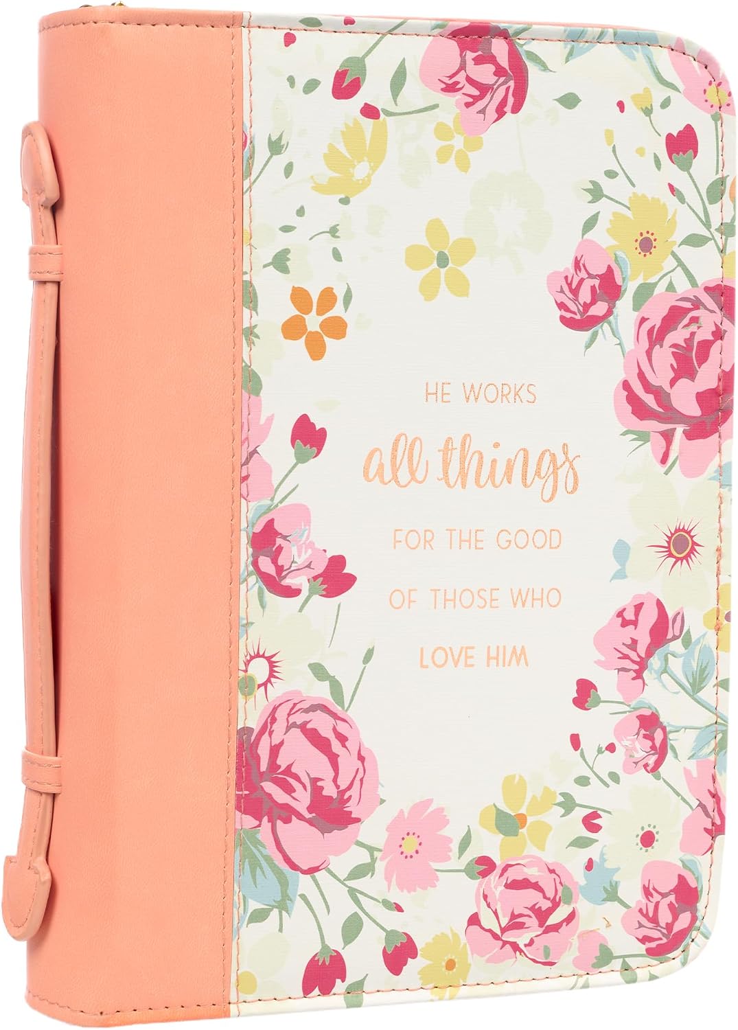 Christian Art Gifts Women's Fashion Bible Cover He Works All Things for Good Romans 8:28, Peach Floral Faux Leather, Medium