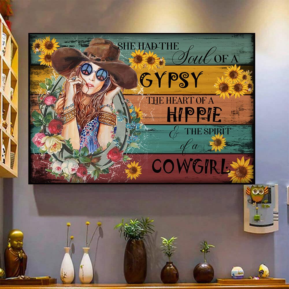 Bodyard Vintage Metal Tin Sign She Had The Soul of Gypsy Hippie Cowgirl Wall Art Poster, Vintage Retro Tin Sign Wall Decoration for Bar Music Club Man Cave Room, 12x16 Inch