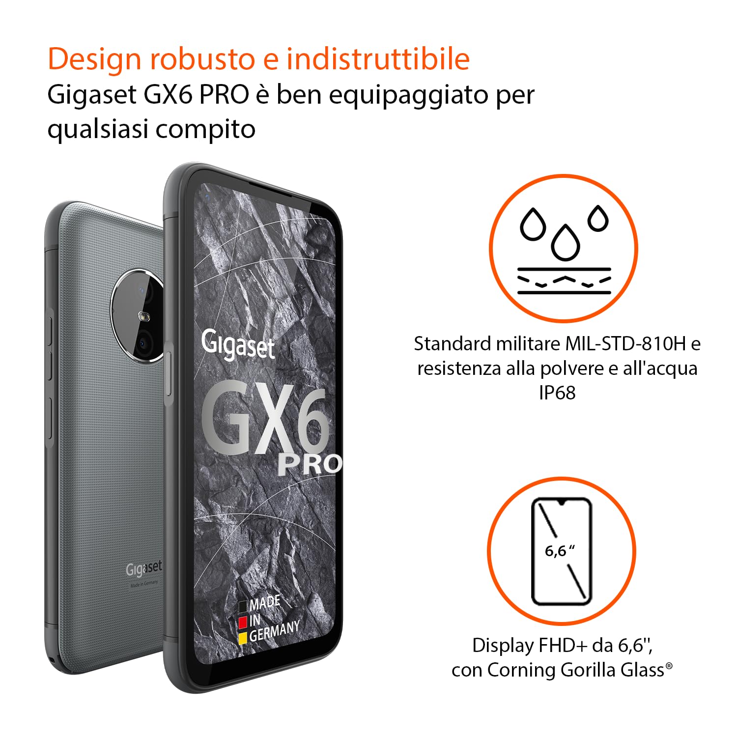 Gigaset GX6 PRO lo smartphone 5G rugged per il tuo business -impermeabile e antipolvere IP68, standard militare - display 6,6" FHD+, 128GB+8GB RAM, 400 ore in standby - Capacità di Android 14, grigio