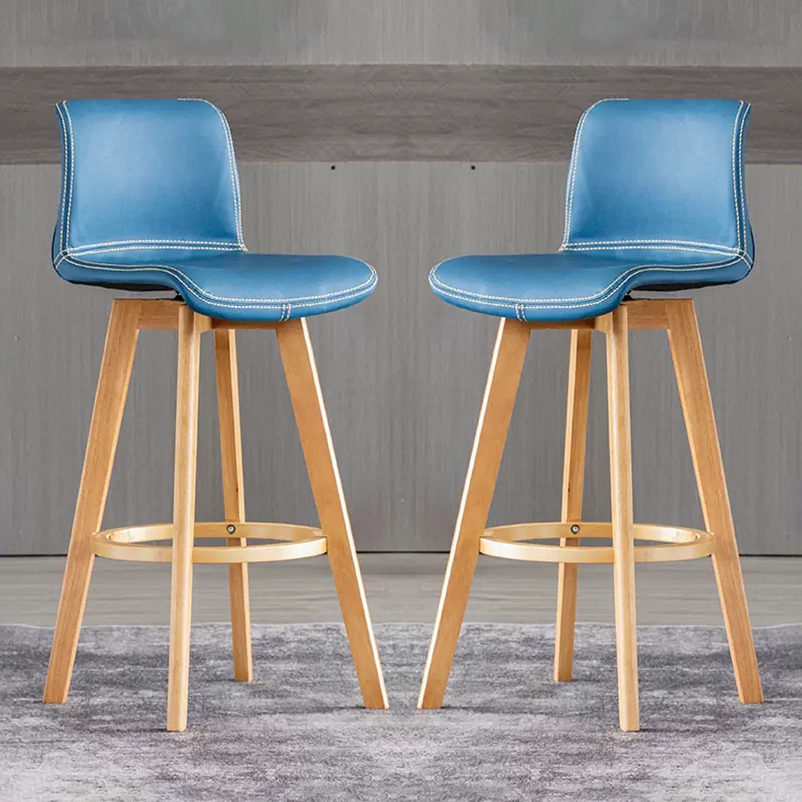 IUokLU Modern Faux Leather Bar Stool Adjustable Swivel Counter Height Bar Stool with Wooden Legs Stylish Bar Stools for Kitchen Island & Breakfast Bar Dining Room Furniture Khaki(Blue-High:61CM)