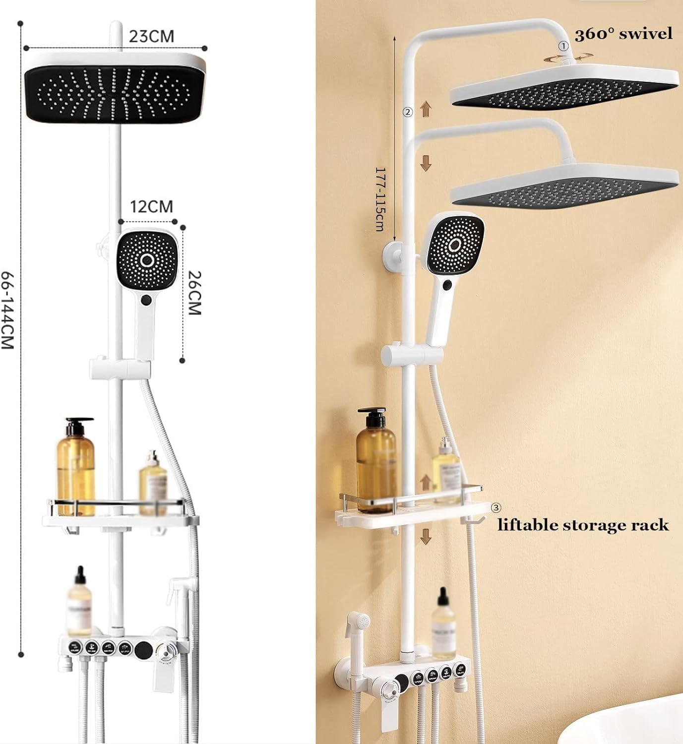 Thermostatic Shower System White LED Digital Display Exposed Shower Faucet Set Bathroom 4 Functions Shower Fixtures with Rainfall Shower Head, 4 Setting Hand Shower